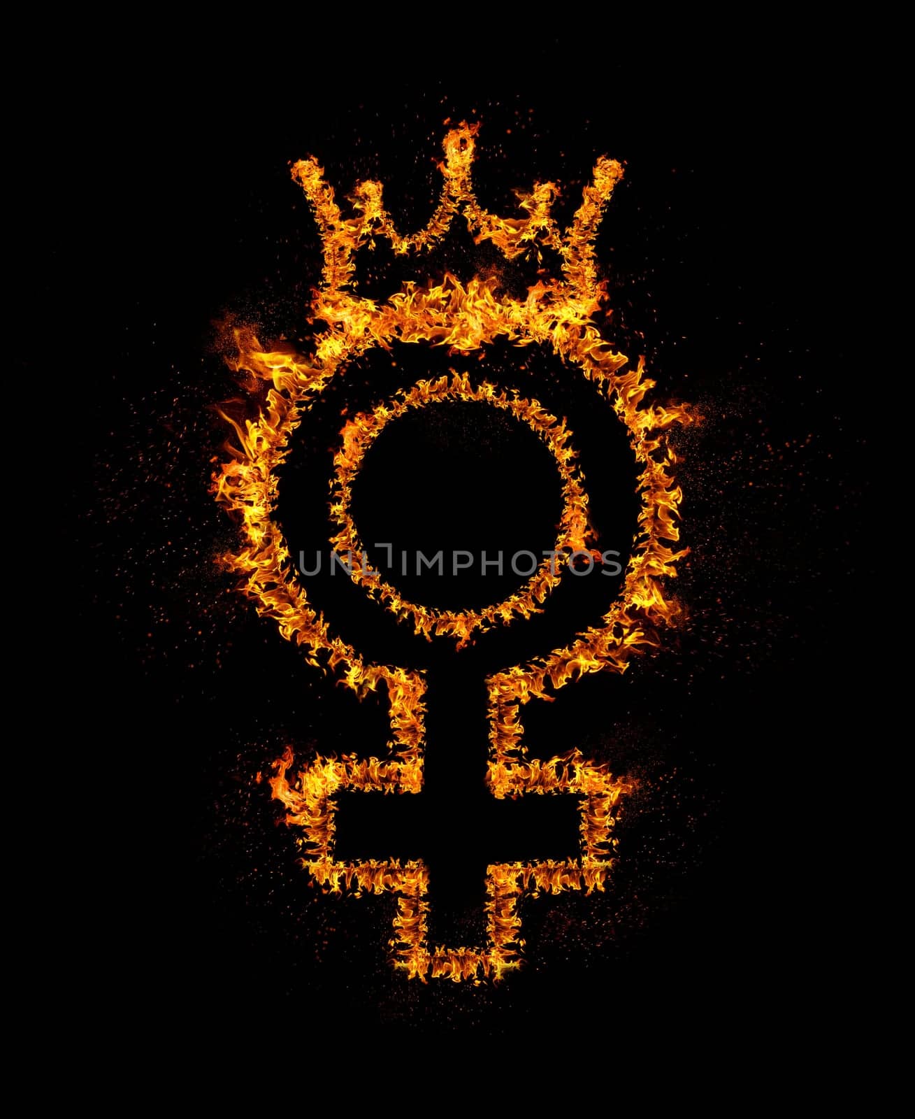 Fire female gender sign with queen crown burning in flames, isolated on black background with bright sparkles. Sex rights, girl power, leadership concept. 8 March International Women's Day art banner