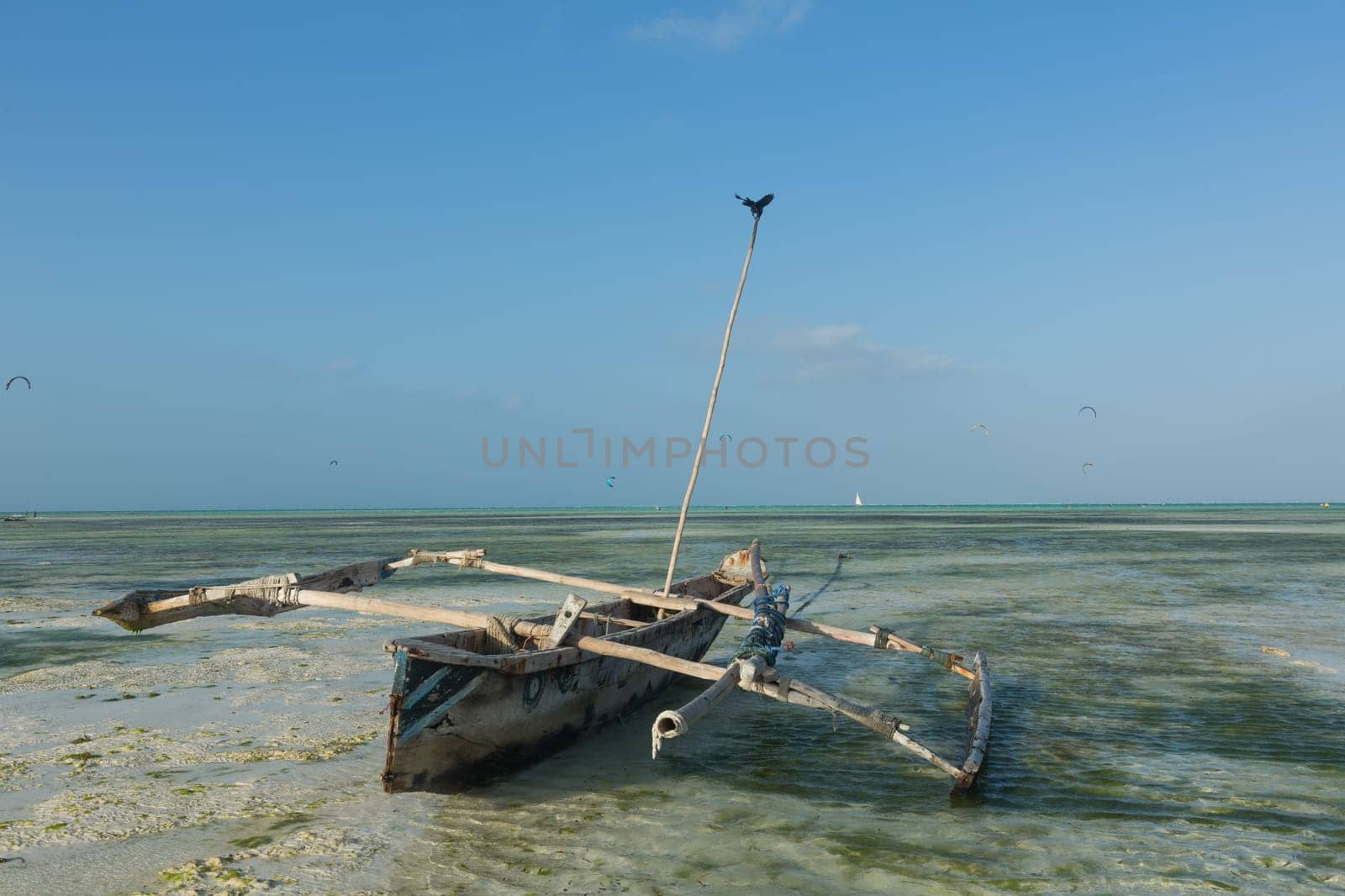 fishing boat on the shores of Zanzibar at low tide, the ocean.