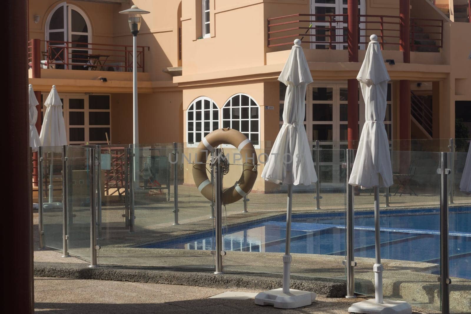 View of holiday apartment complex with swimming pool in Meloneras, Gran Canaria in Spain.