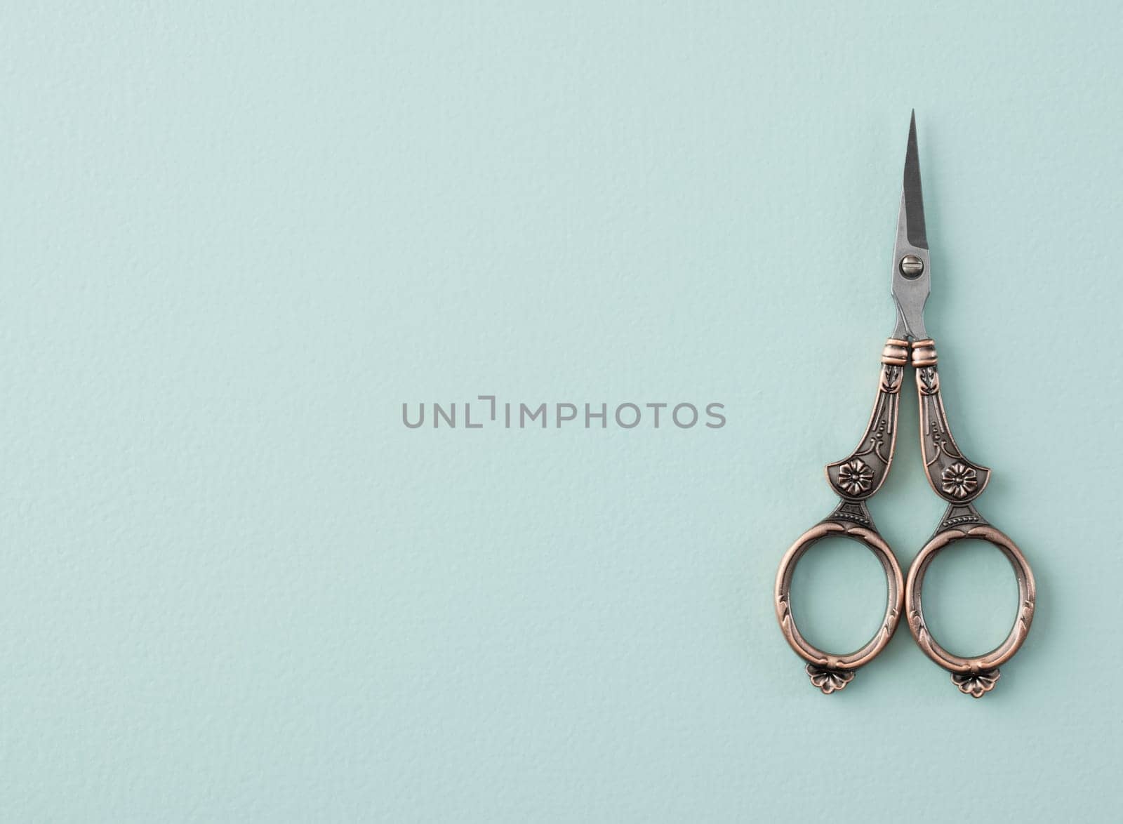 Vintage style embroidery scissors on a solid pastel green background with copy space.