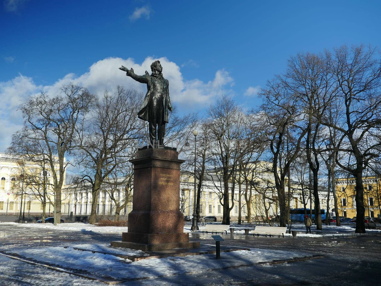 St. Petersburg, Russia, March 2, 2021. monument to the great Russian poet Alexander Pushkin, low angle view