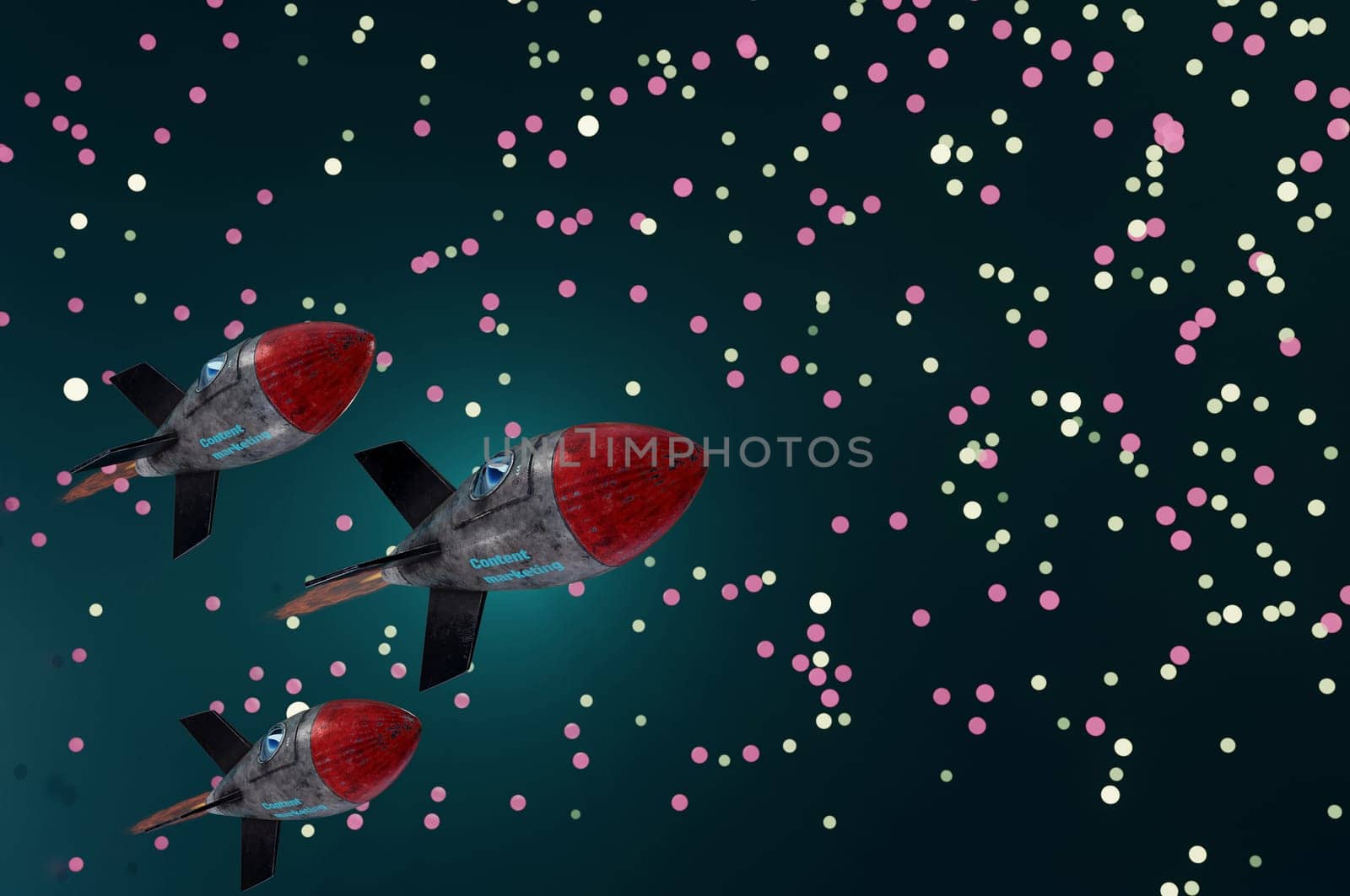 3d illustration. Rocket engine to big target. Business  concept success , target , Content Marketing