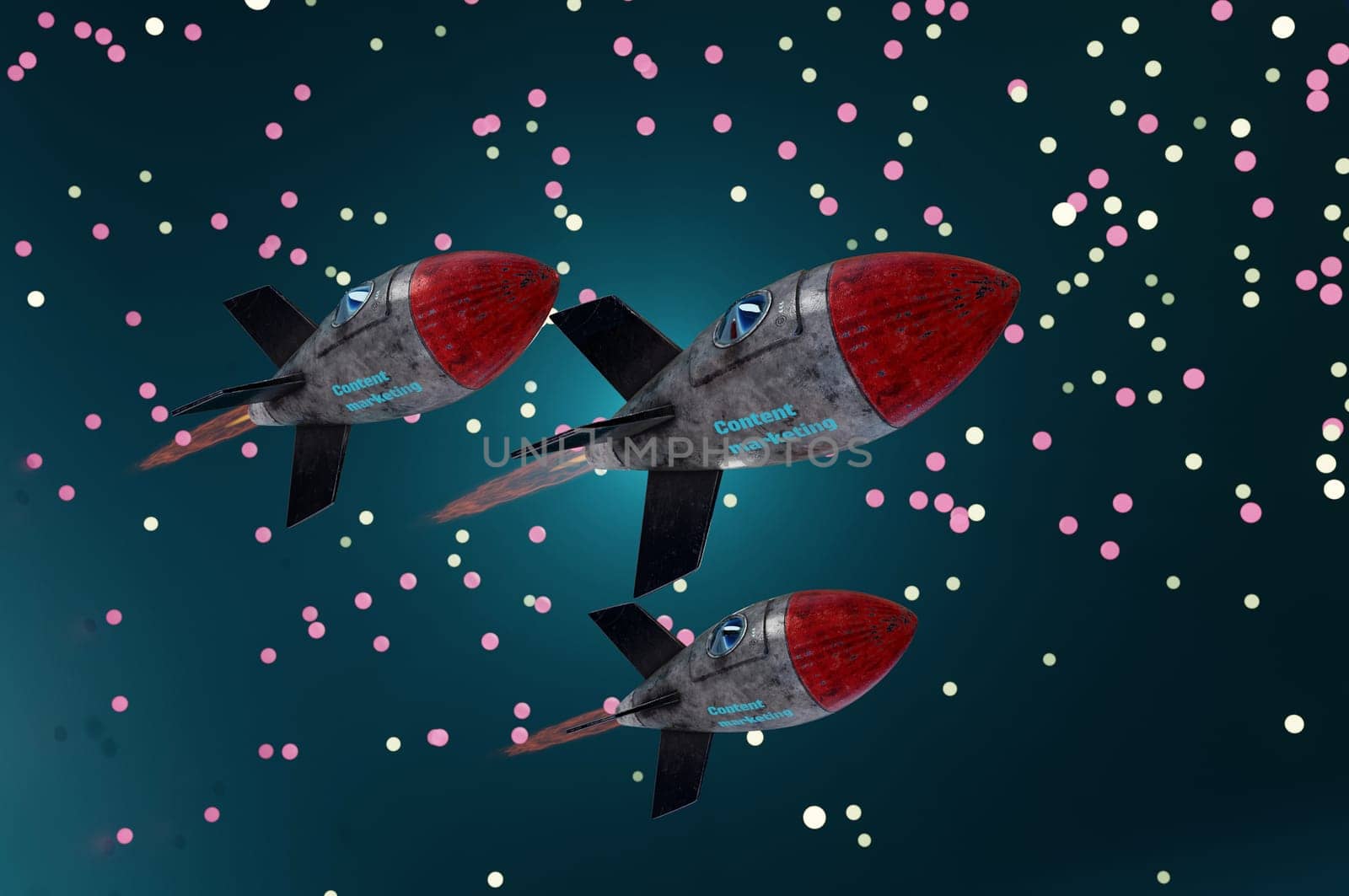 3d illustration. Rocket engine to big target. Business  concept success , target , Content Marketing