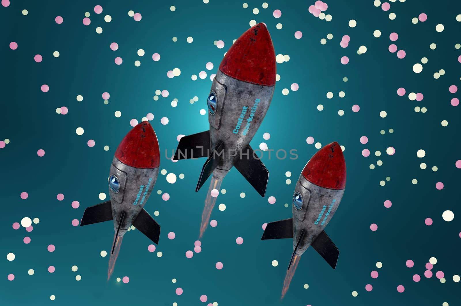 3d illustration. Rocket engine to big target. Business  concept success , target , Content Marketing