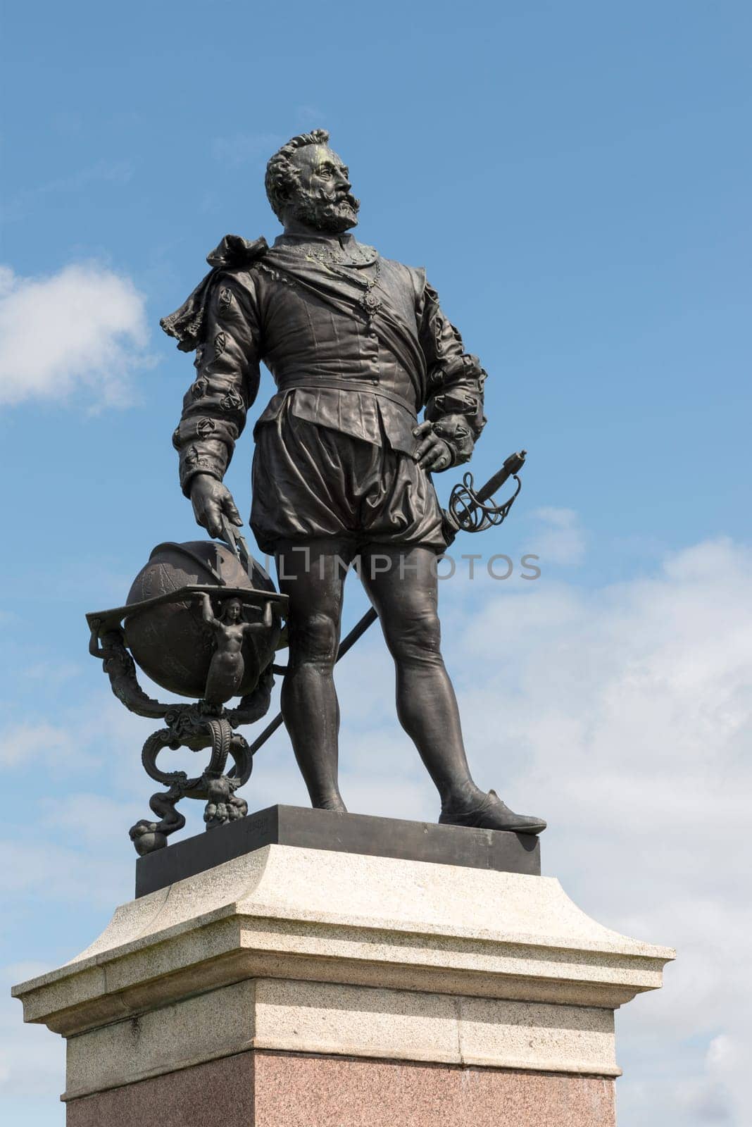 view of statue of famous English commander in historic sea town of Devon.