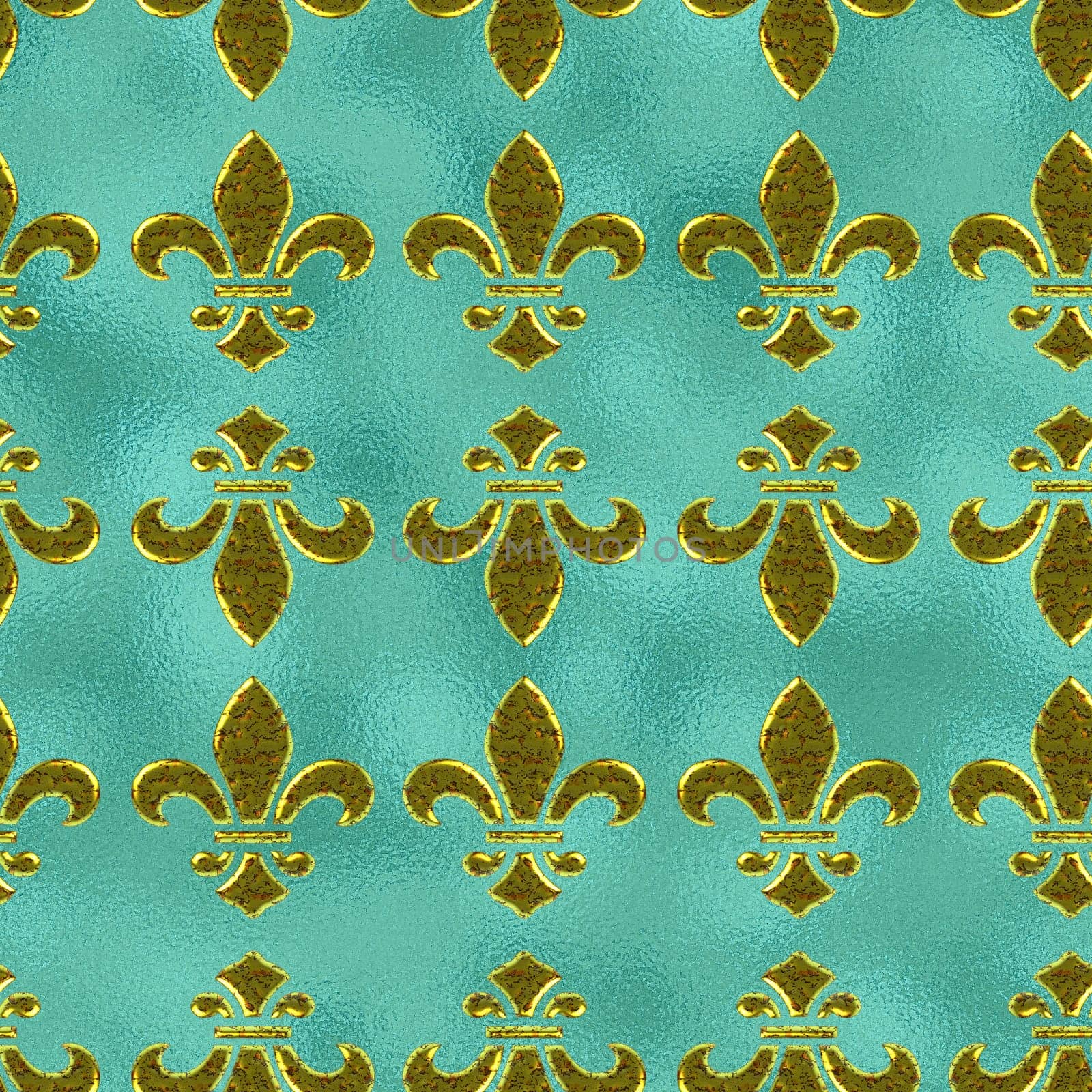 Royal Lily Fleur de Lis Seamless Pattern. Classical French golden turquoise blue seamless pattern with a repeat motif of fleur-de-lis in square format. Wallpaper or fabric design. illustration