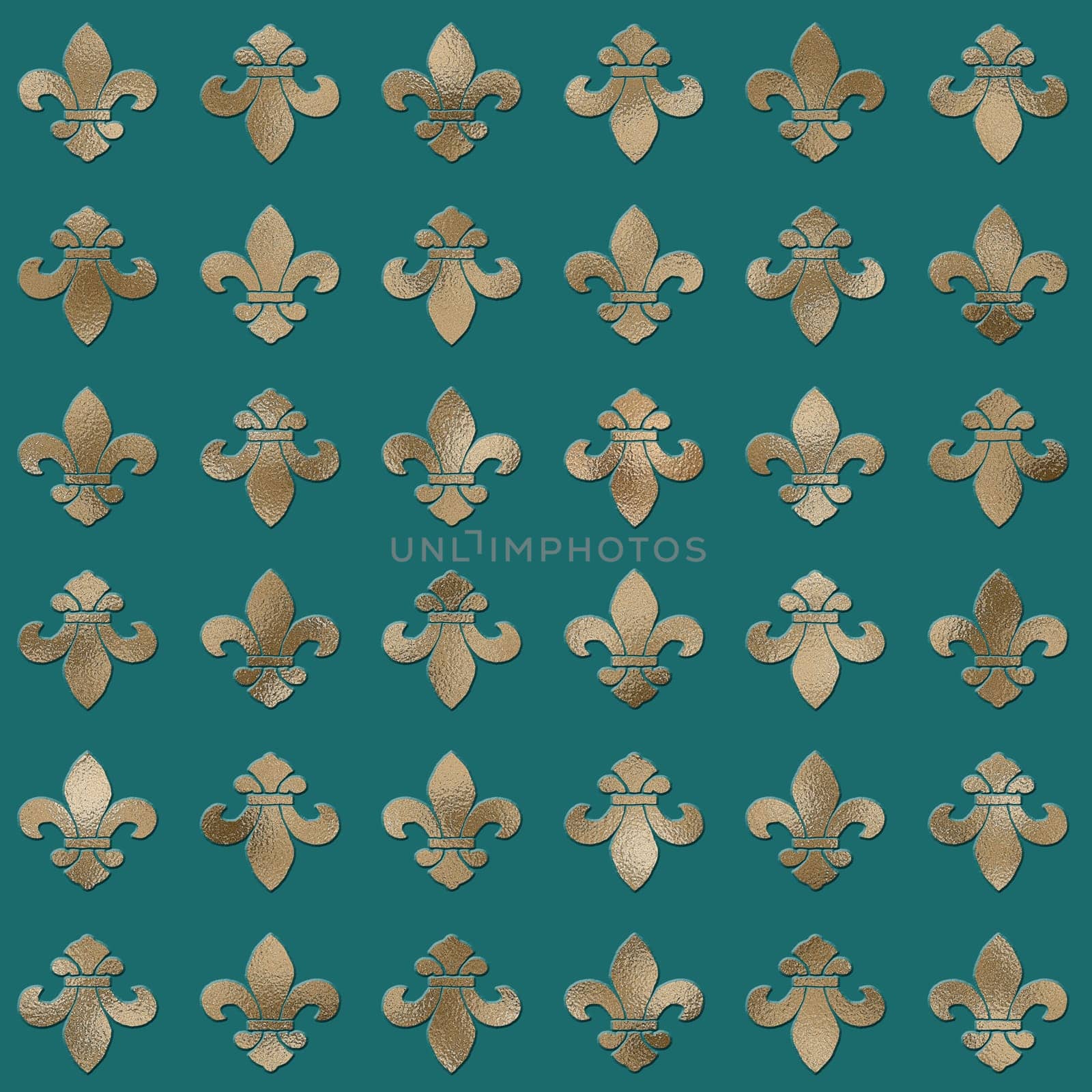 gold fleur-de-lis motif, French heraldic seamless floral pattern of on green background. Royal lilies design. Vintage interior accessories, upholstery design. Illustration