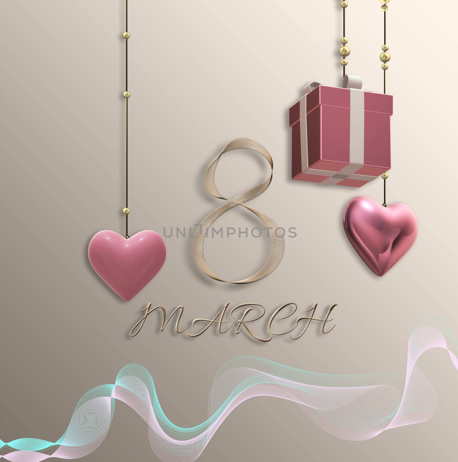 Beautiful 8th of March greeting card. Women's Day elegant beautiful design template. Text 8 March made of golden shiny ribbon. Hanging gift box, 3D hearts over pastel gold. 3D illustration