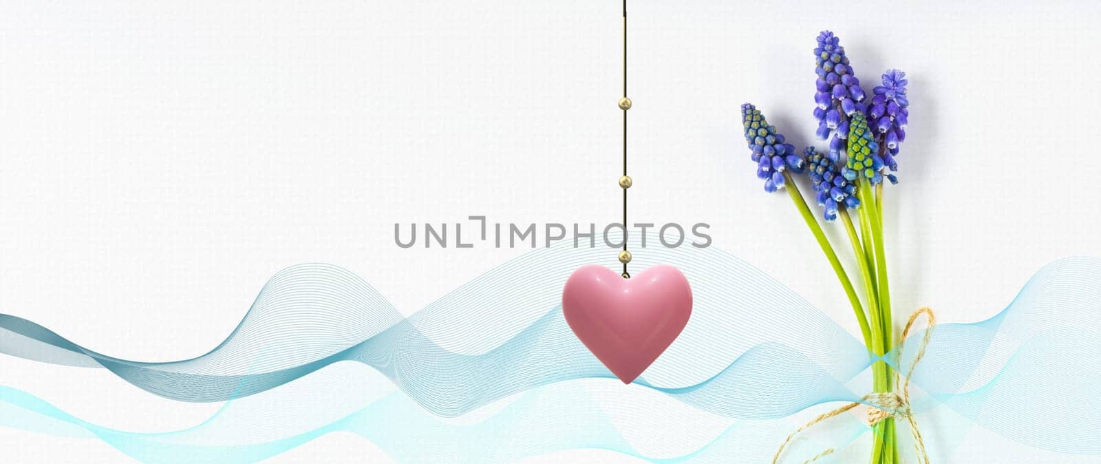 elegant beautiful spring greeting card, spring blue bunch of flowers, hanging pink heart on white. Blue abstract wavy ribbon. Pastel minimalist card for 8 March, birthday, mother's day. Place for text
