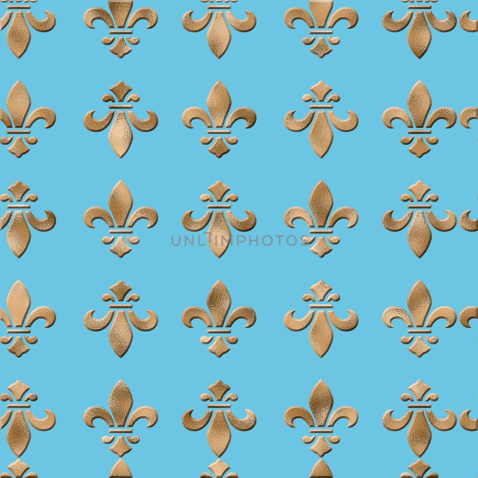 seamless golden lily fleur-de-lis pattern on turquoise blue background. Luxury design, print, poster, wallpaper, gift wrapping. 3D illustration
