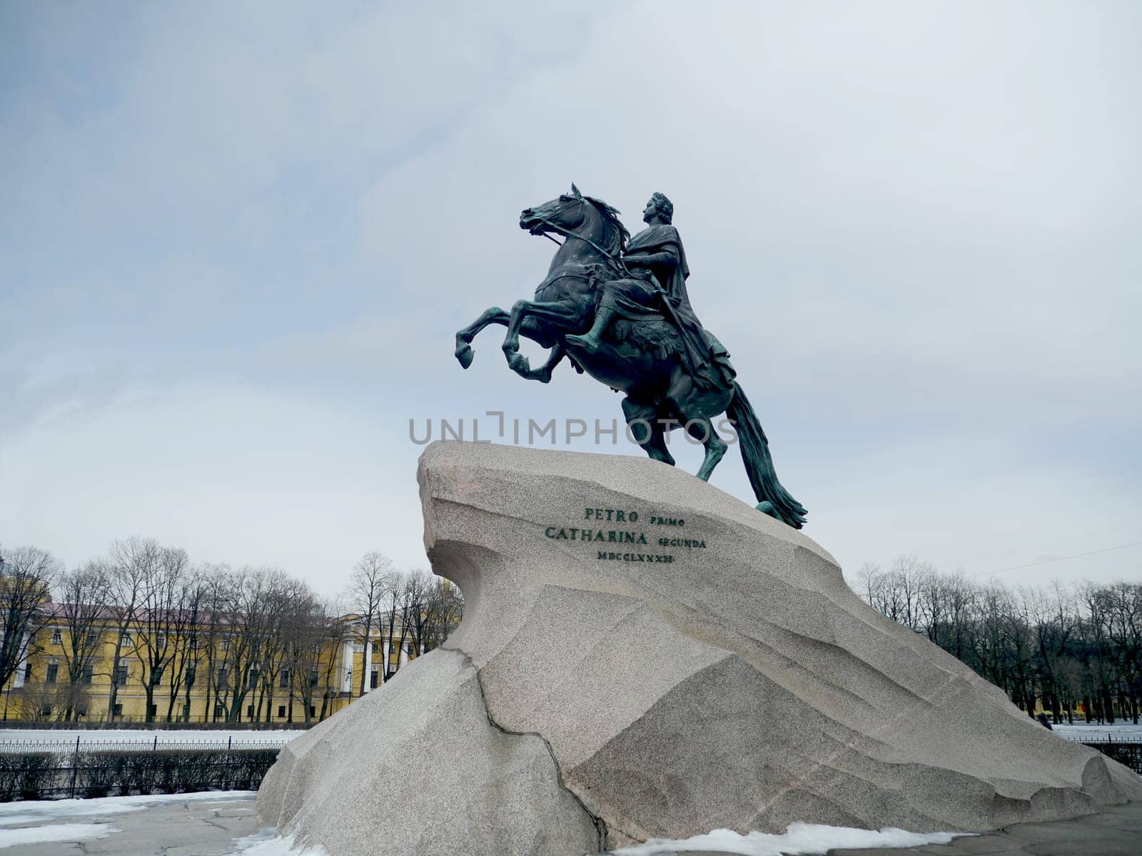 St. Petersburg, Russia, March 4, 2021. Emperor Peter the Great on horseback or Bronze Horseman  monument, on the background of the winter sky