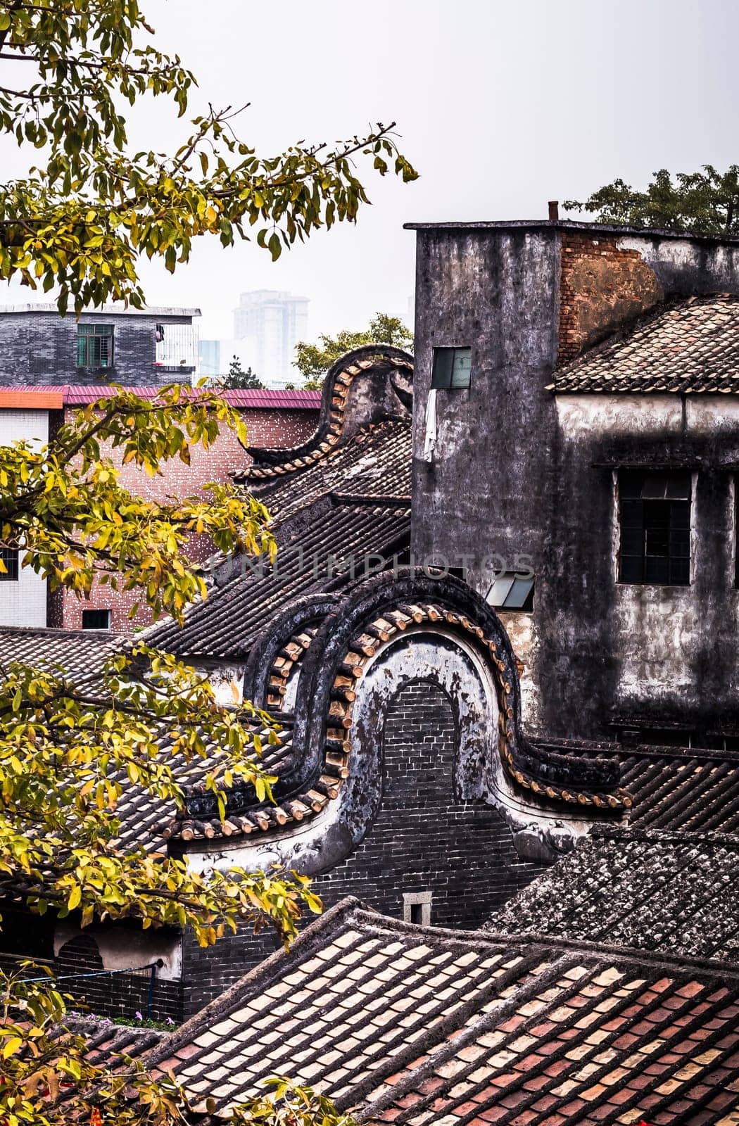 Shawan ancient town traditional roof called Wok handle-shaped roofs in Guangzhou . The Lingnan style curved roofs in old town .traditional architecture .