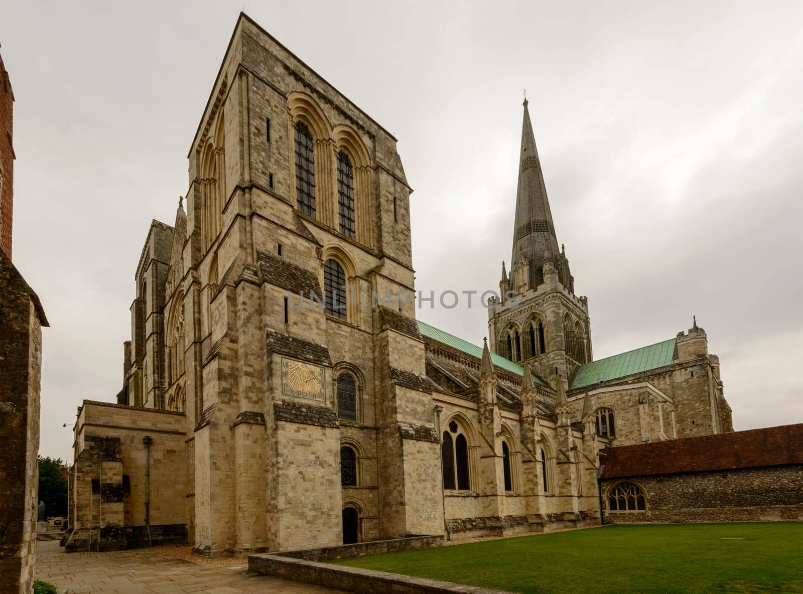 view from south west of famous medieval church in historic town, Chichester, West Sussex.
