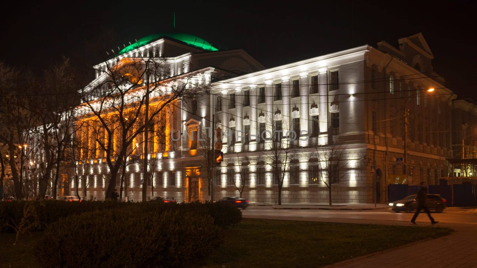Rostov-on-Don,Russia-November 30,2013:Building the Bank of Russia lit decorative illumination.In the foreground is a statue of a lion. Near bank there are cars