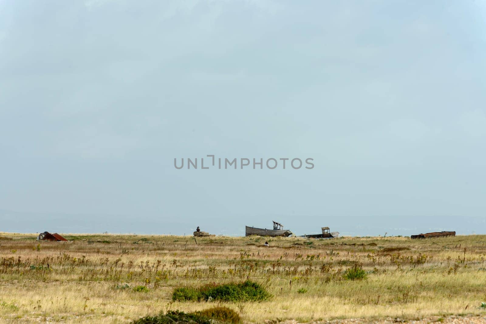 view of  wrecks of old fish boats on the seaside at Dungedness,  Romney Marsh, Kent.