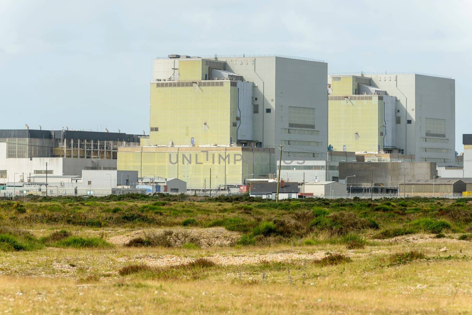 detail of the buildings of nuclear plant on the seaside at Dungedness,  Romney Marsh, Kent.
