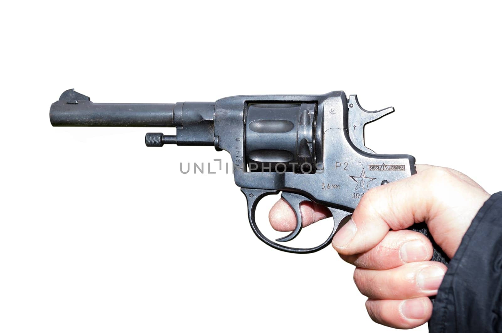 Pistol Nagant revolver in hand gangster- is isolated on the white