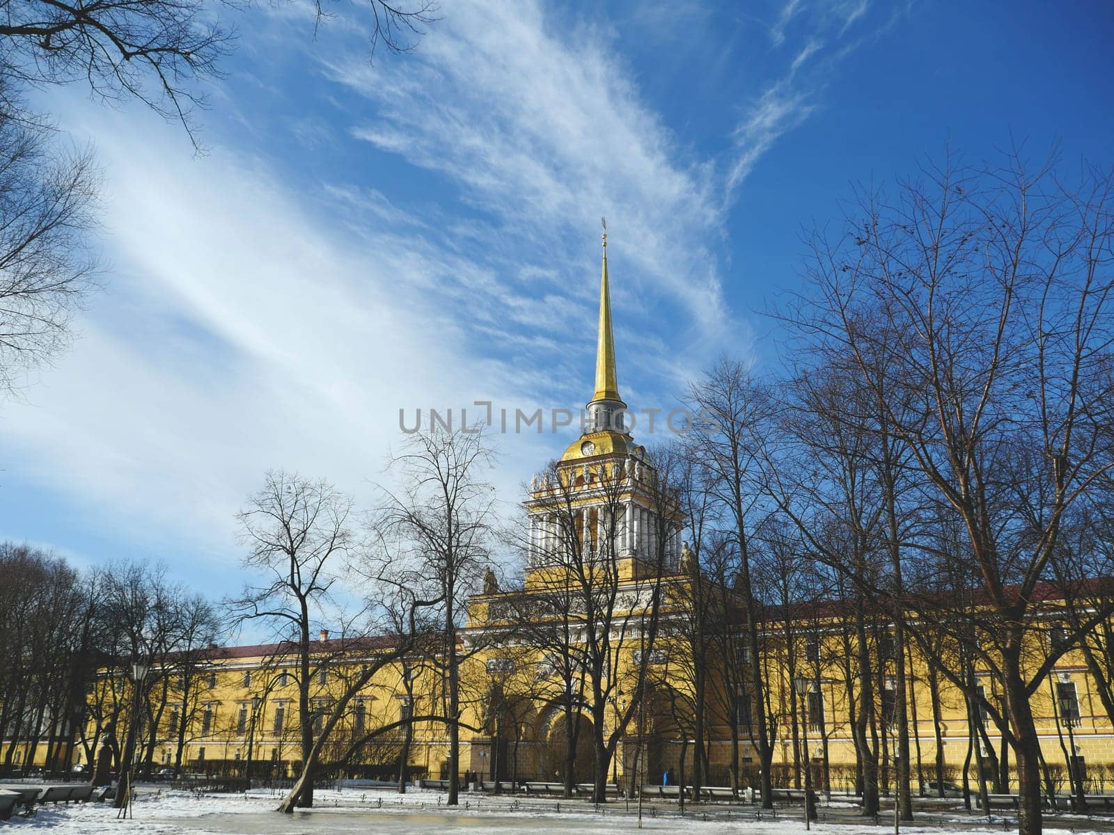 St. Petersburg, Russia, March 4, 2021.Admiralty building, the main entrance is decorated with a tower with columns and a golden spire with a weather vane