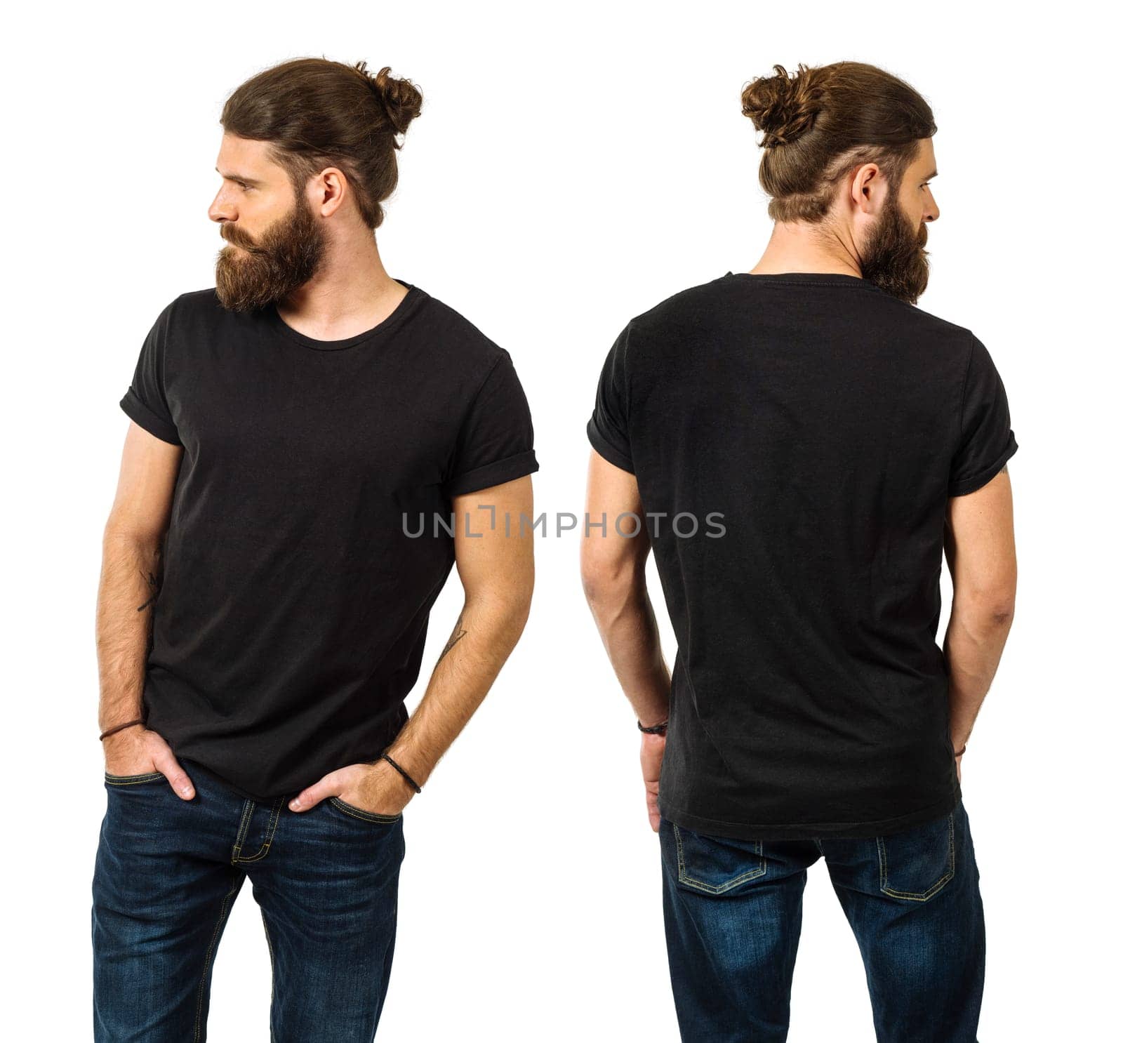 Young man with long hair and beard wearing blank black shirt, front and back. Ready for your artwork.