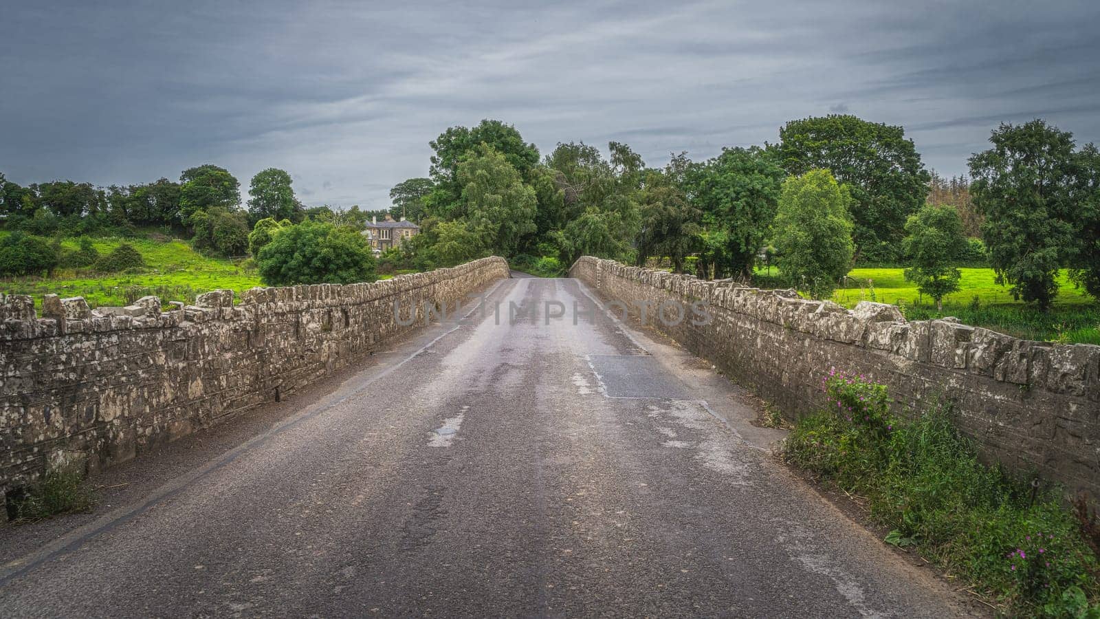 Road leading over old, 12th century stone Bective Bridge over Boyne River with stone wall on sides, Count Meath, Ireland