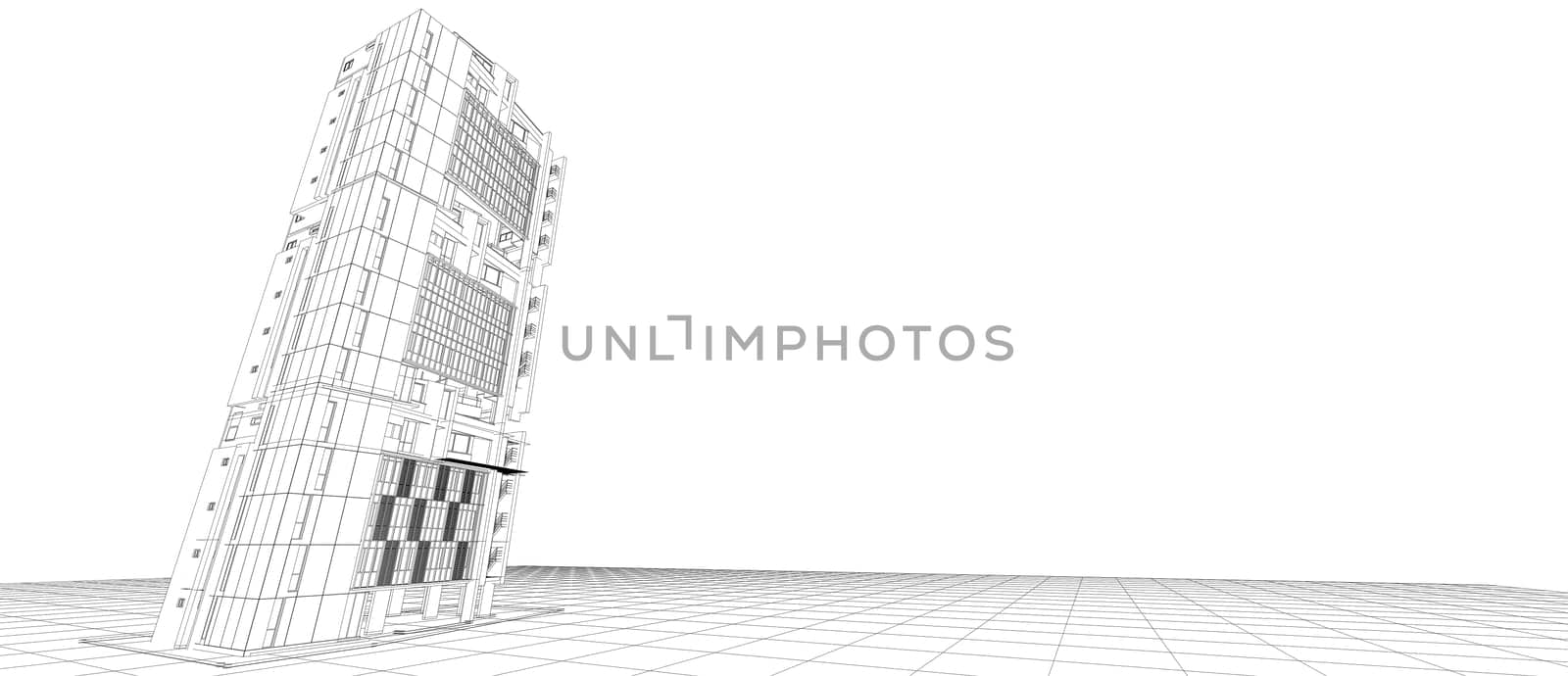 Architecture exterior facade design concept 3d building perspective wire frame rendering isolated white background. For abstract background or wallpaper desktops computer technology design architectural theme.