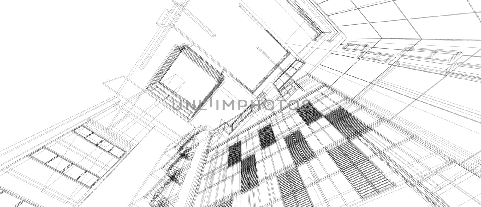 Architecture building space design concept 3d perspective wire frame rendering isolated white background. For abstract background or wallpaper desktops computer technology design architectural theme.