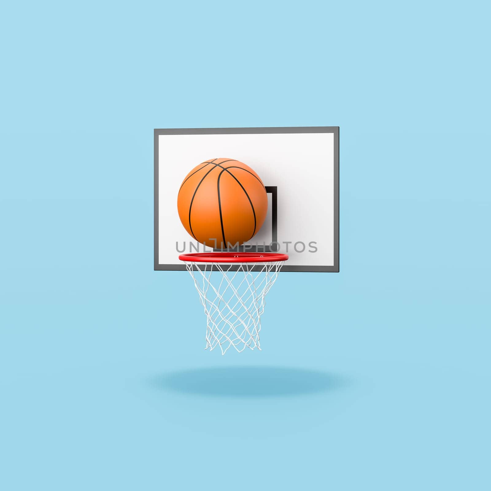 Basketball Ball Entering in the Basket Isolated on Flat Blue Background with Shadow 3D Illustration, Goal or Success Concept