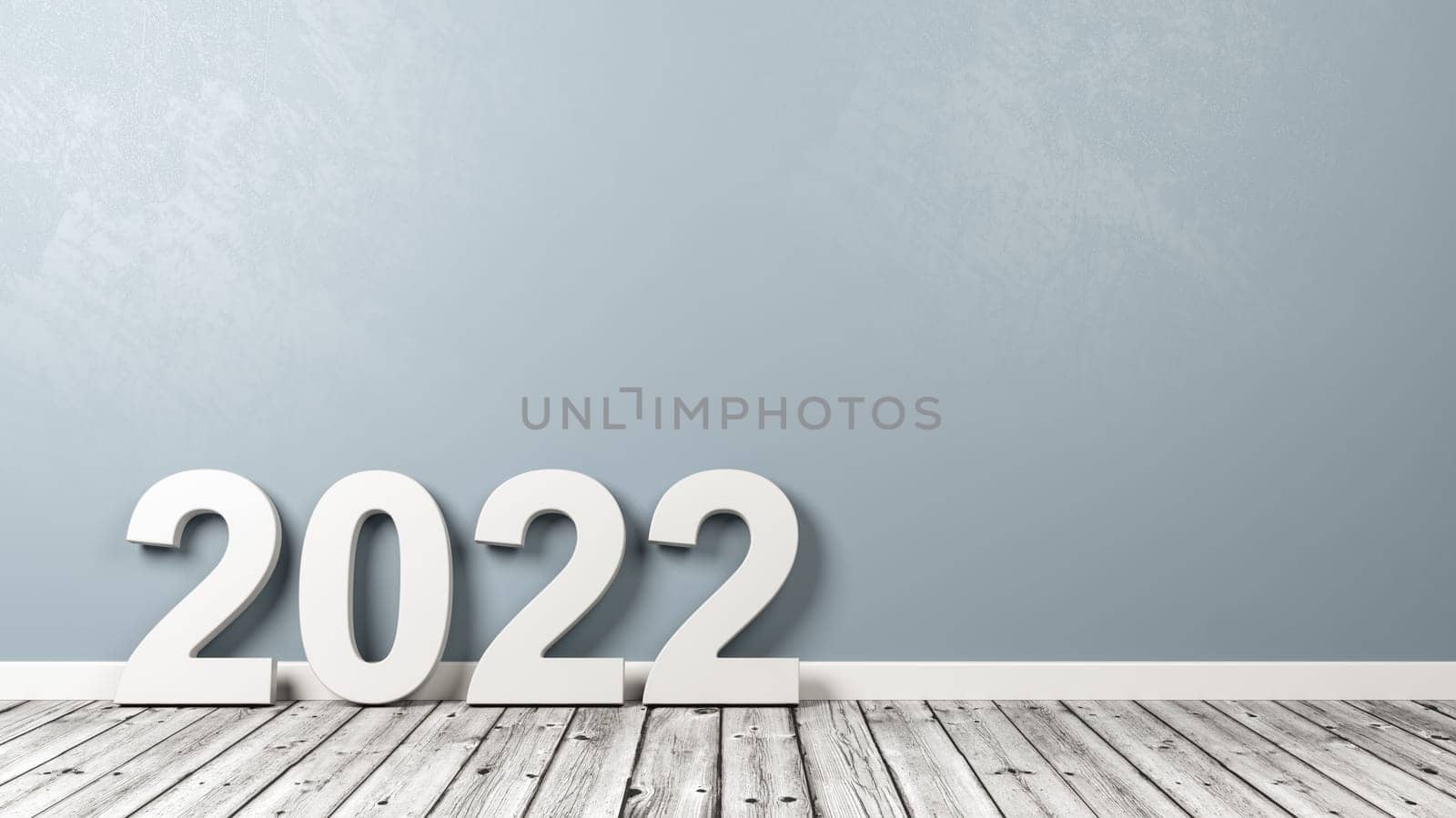 White 2022 Number Text Shape on Wooden Floor Against Grey Wall with Copyspace 3D Illustration