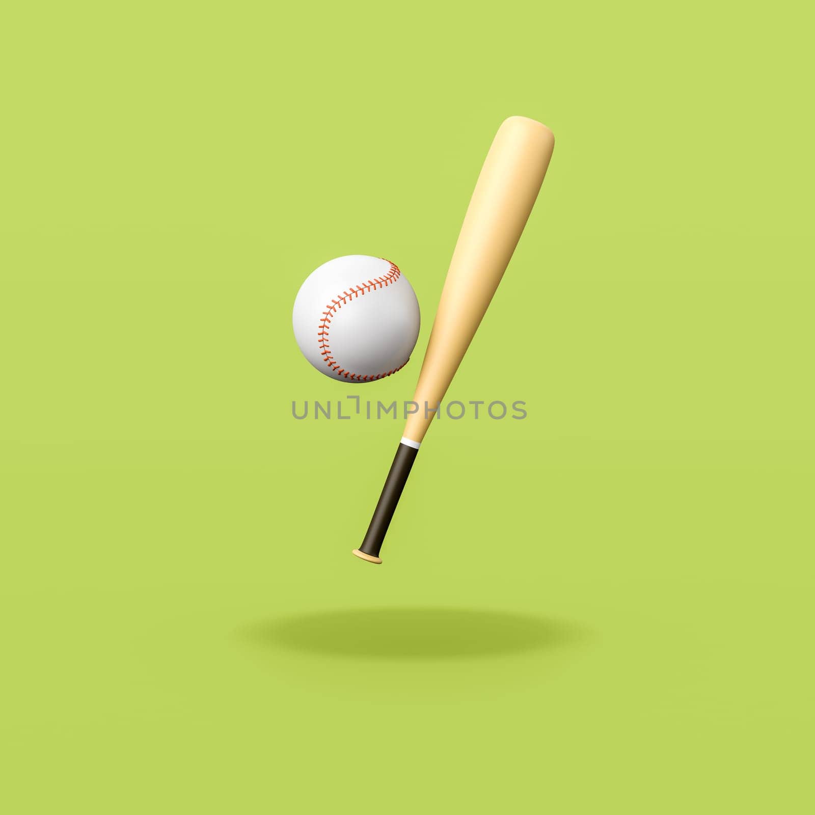Baseball Bat and Ball Isolated on Flat Green Background with Shadow 3D Illustration