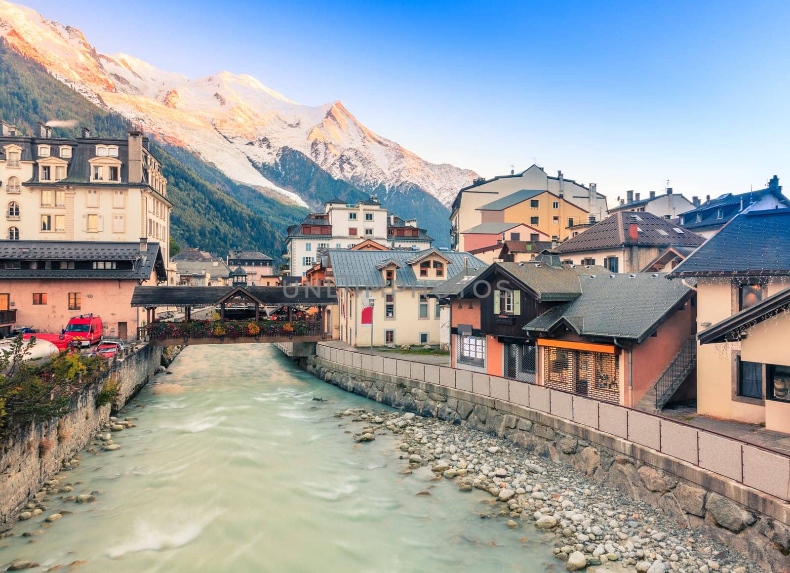 Arve river in the town center of Chamonix, France