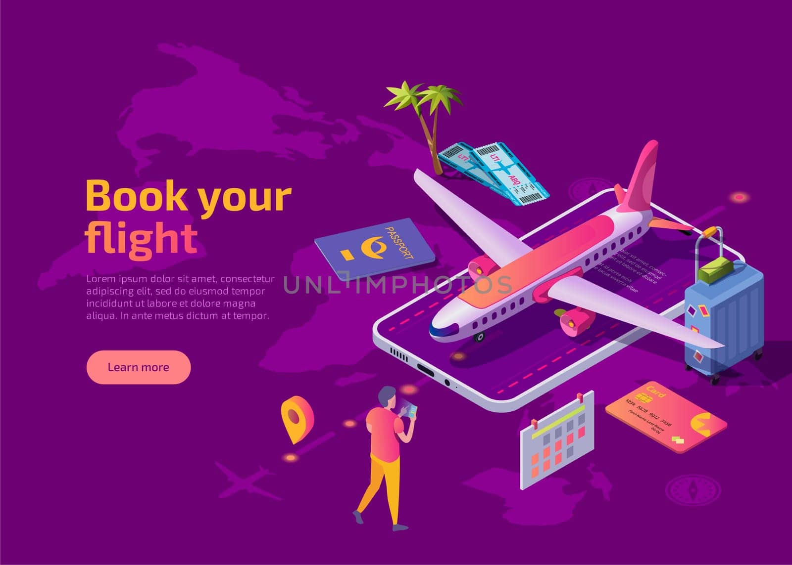 Book your flight isometric landing page. Man standing with gadget in front of smartphone and buying tickets for travel by aircraft. 3d vector web banner with plane, bank card, suitcase and passport.