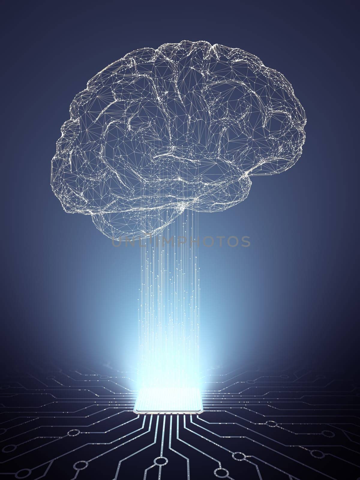 Artificial intelligence, electric pulses coming out of the microchip, forming a brain with lines of connections.