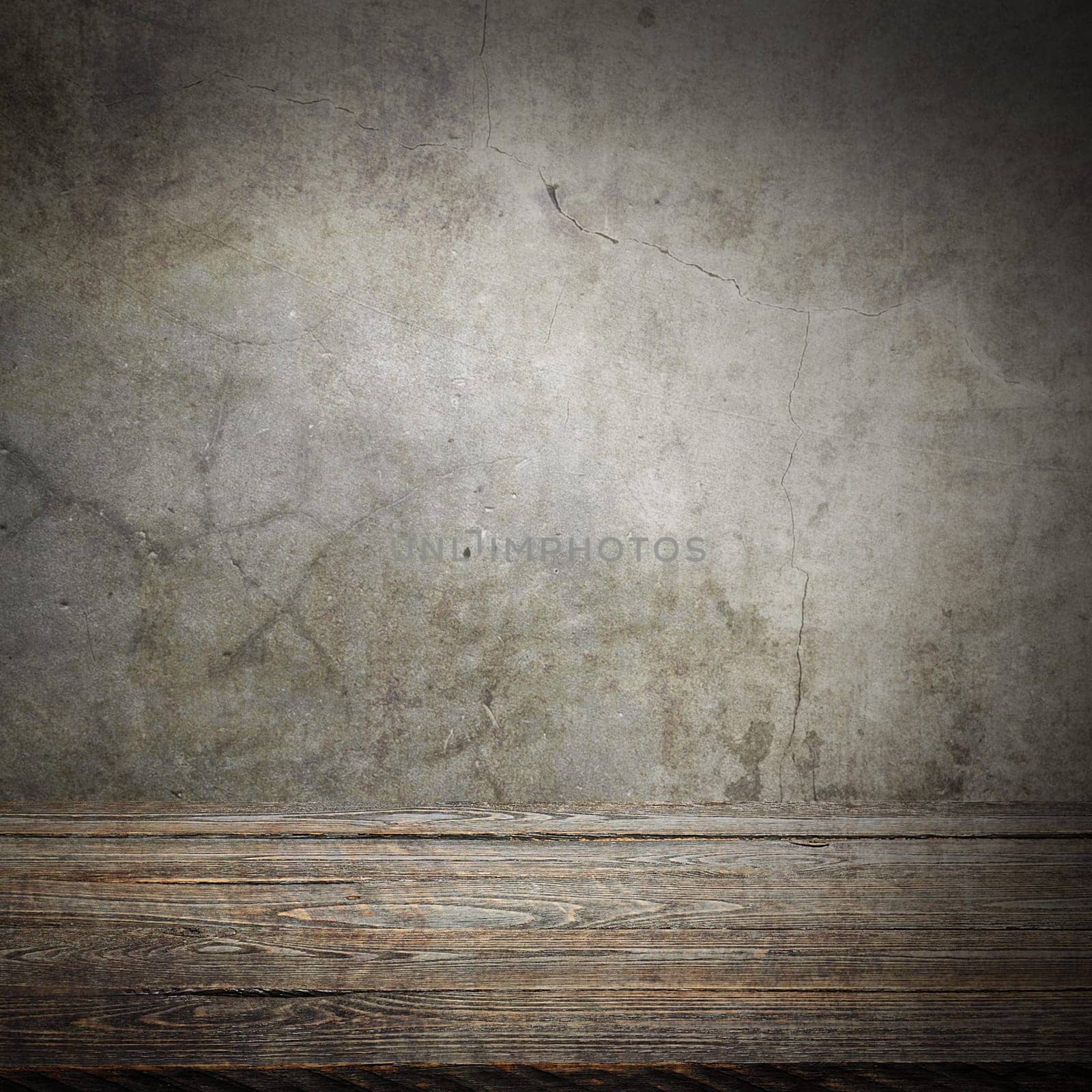 Wooden decking table on a grey grunge background. Place for an item, logo, or label. Layout, mockup.