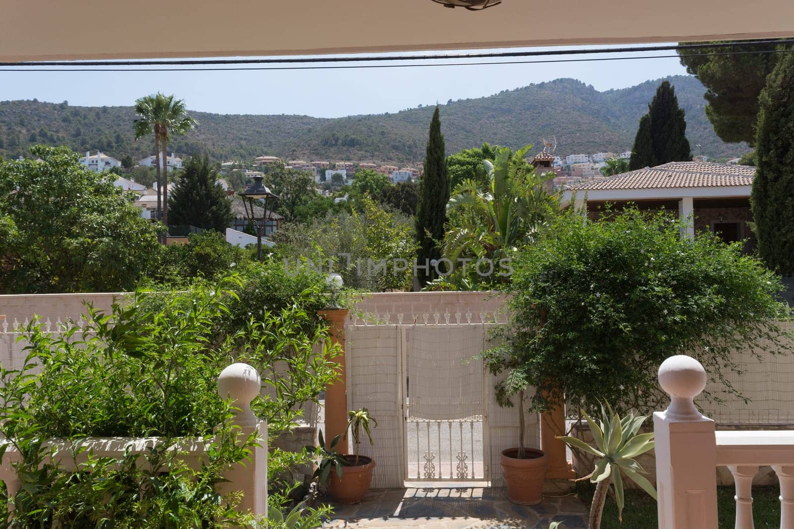 Terraces railing with sea view, blue sky and floral background