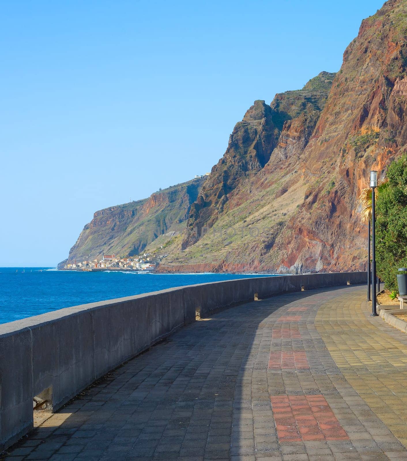 Empty promanade at Jardim Do Mar village. Madeira island, Portugal