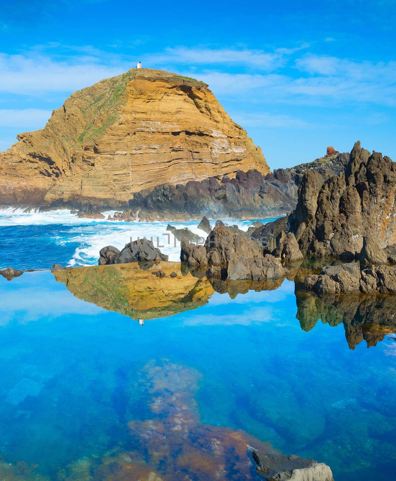 Bathes in natural lava ocean pools. Lava pools are the main attraction of Madeira.