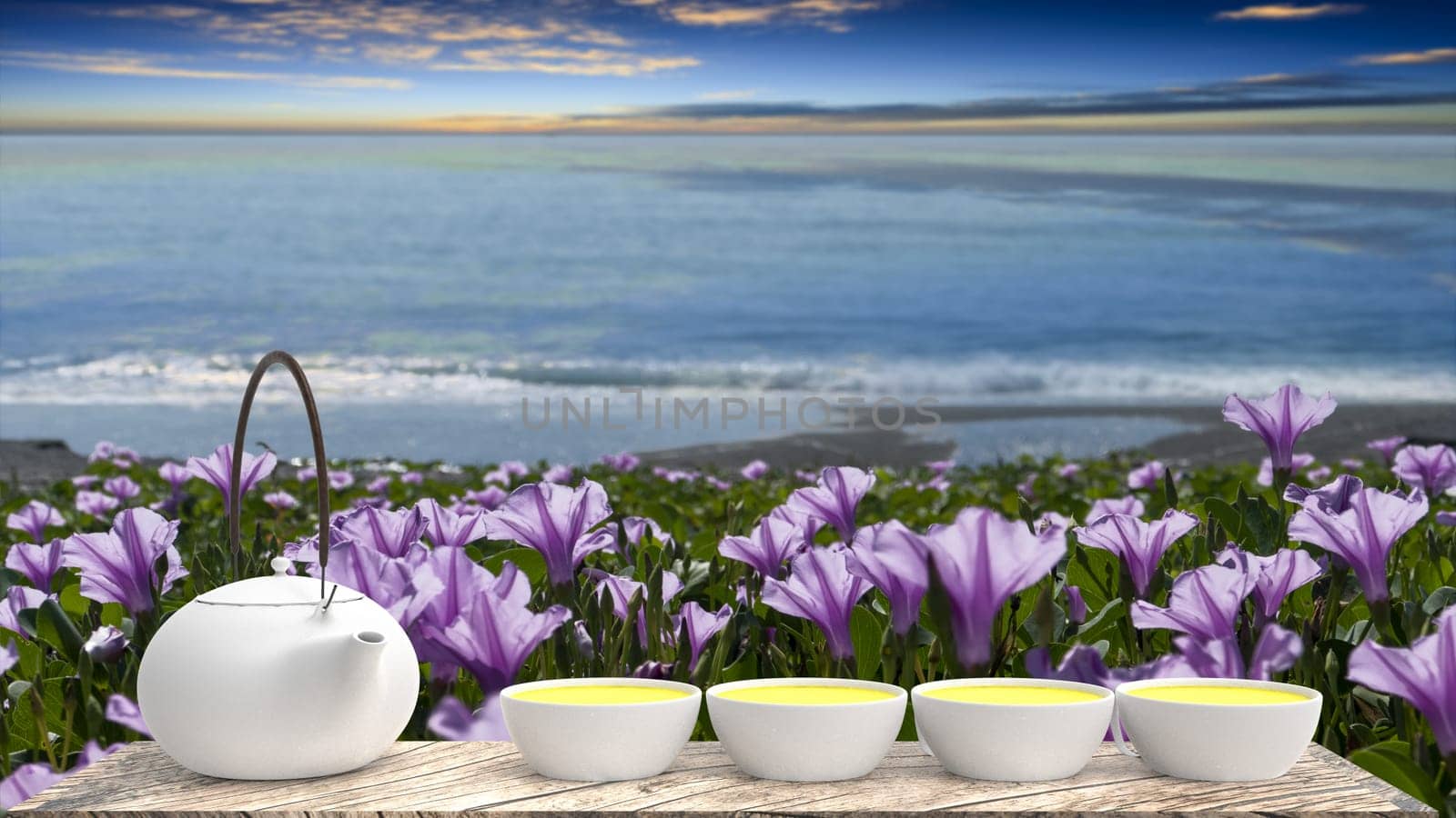 The 3d rendering of cup of hot tea is laid on a wooden floor with nice background