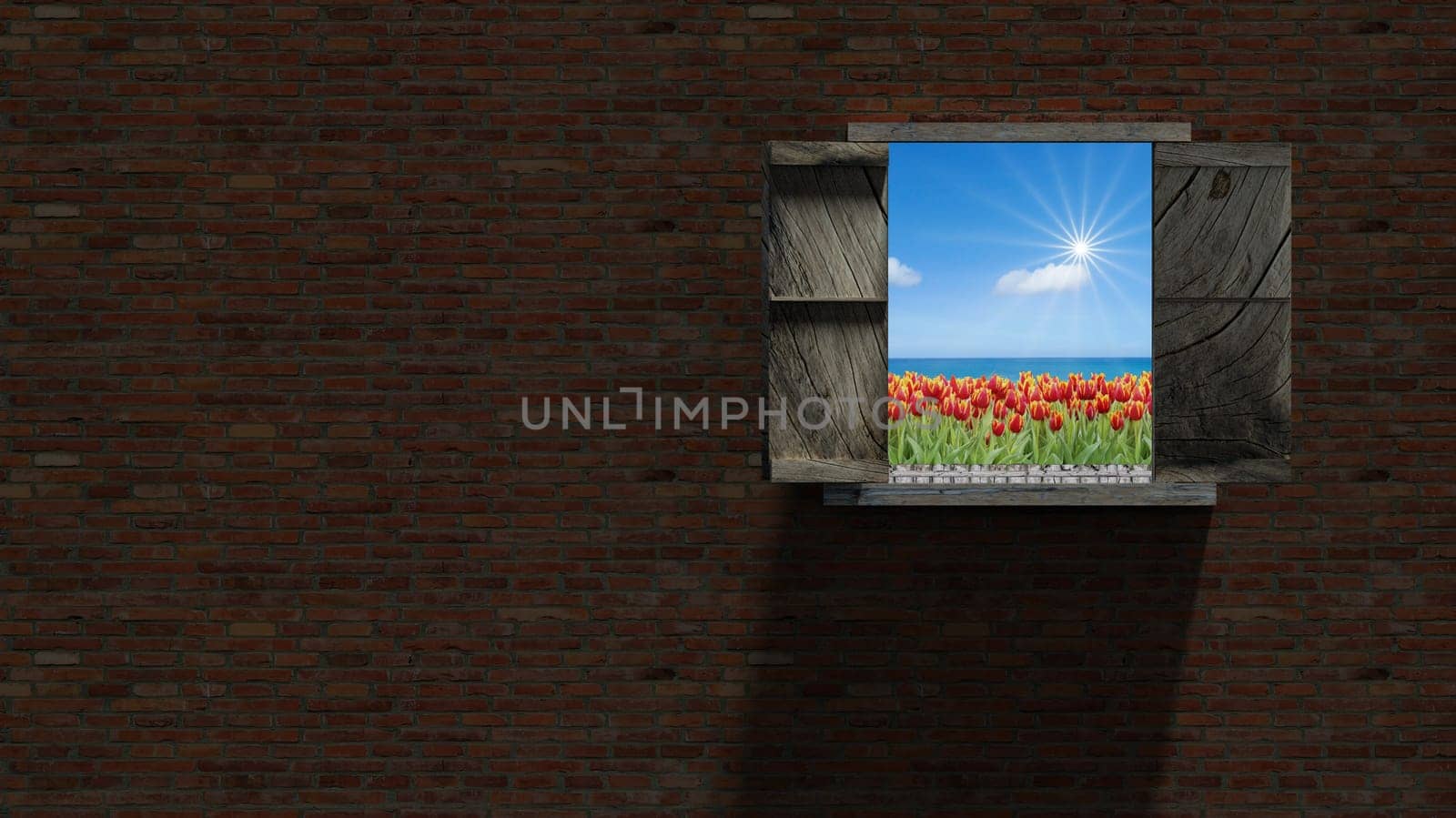 The 3d rendering of brick make wall with wood windows and nice view