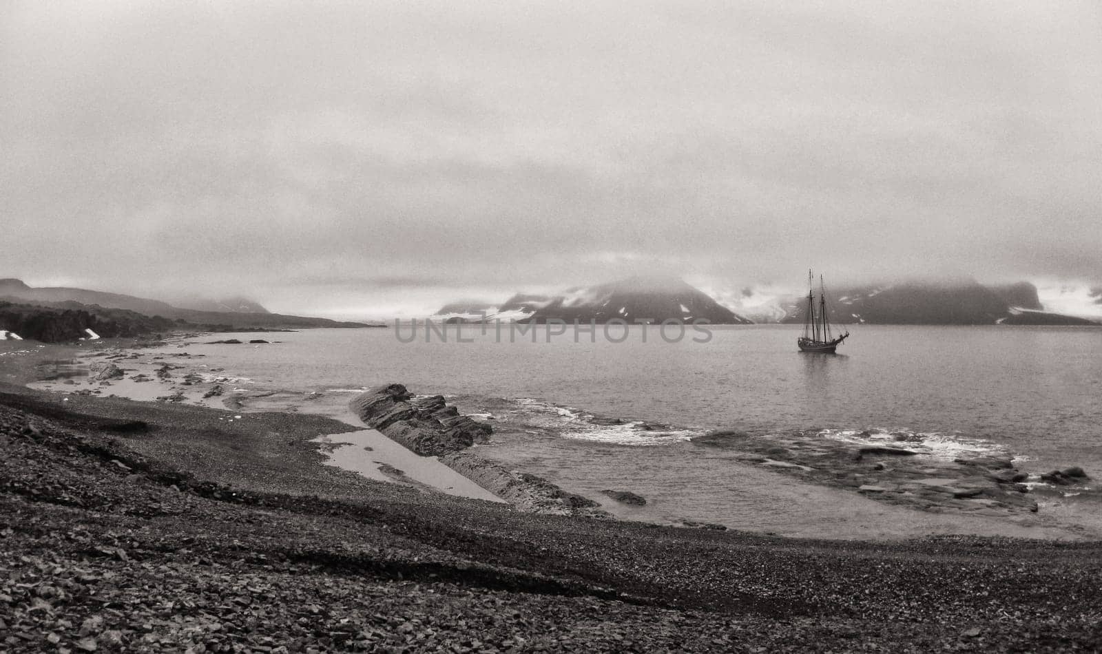 Sailing ship in Hornsund, Spitsbergen coast