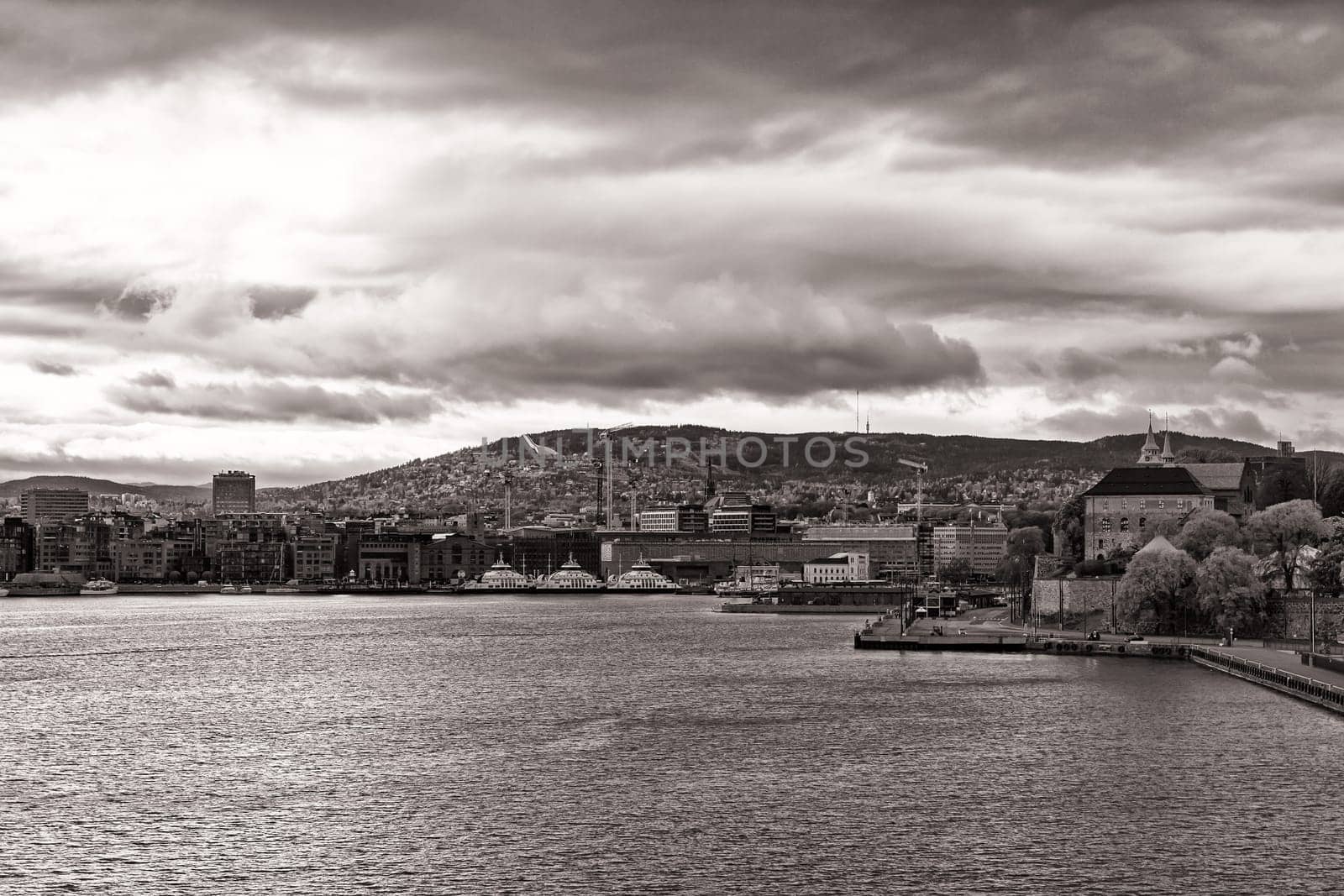 Oslo, Norway, harbor with city view