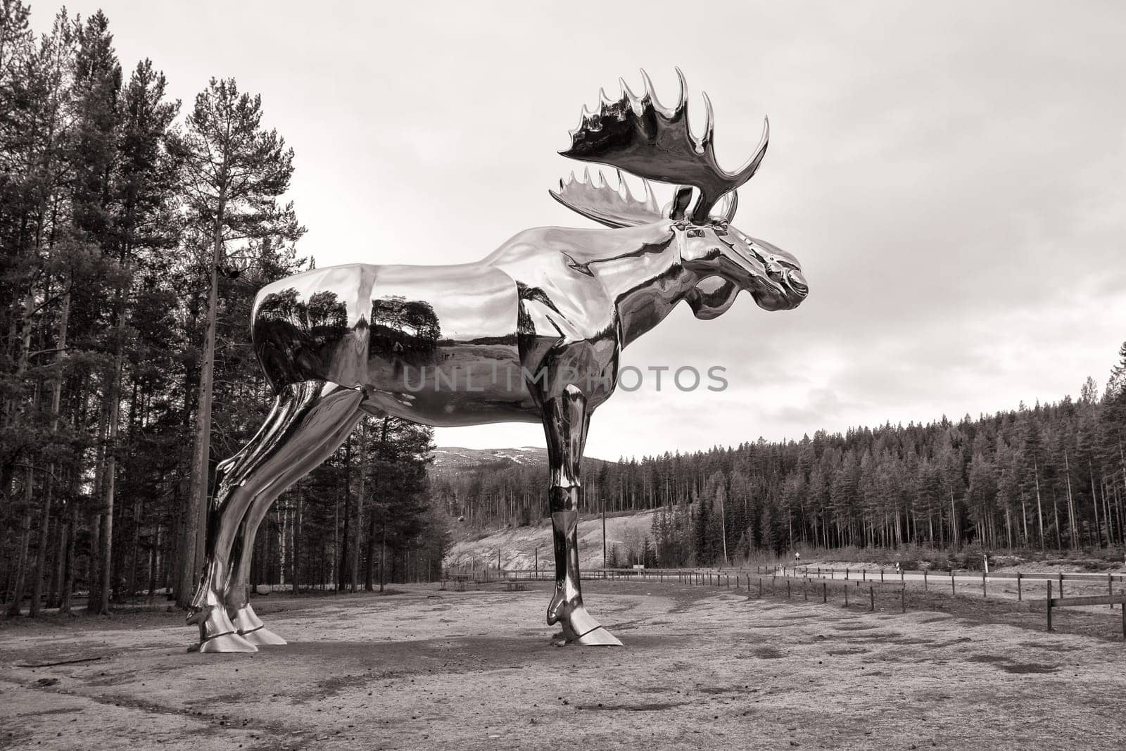 Giant moose made of polished steel, Østerdalen, Norway, Bjøråa rest area at road 3