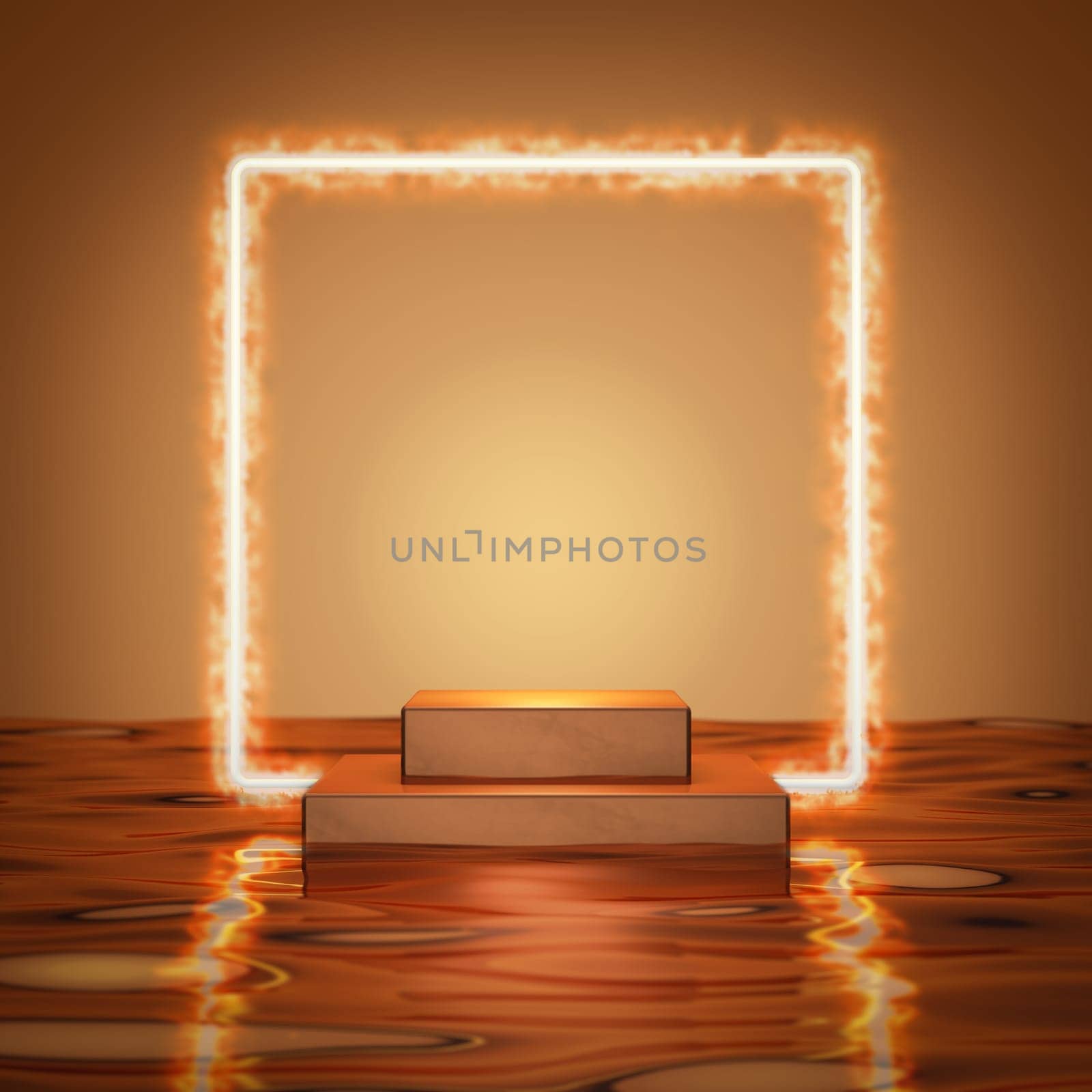 Podium with a fiery square frame against a background of liquid waves, tinted in gold. 3d render