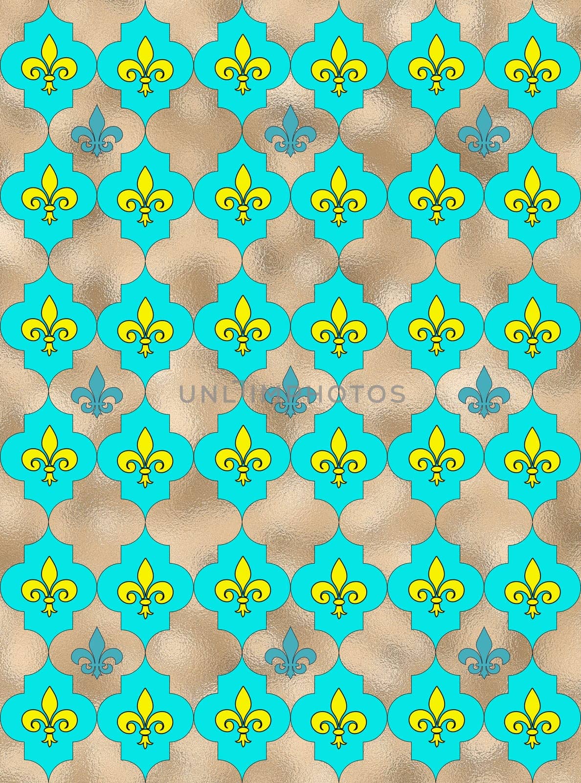 Seamless lily fleur de Lis background. Turquoise blue silver shiny pattern with heraldic symbol fleur-de-lis. Modern abstract pattern. 3D Illustration