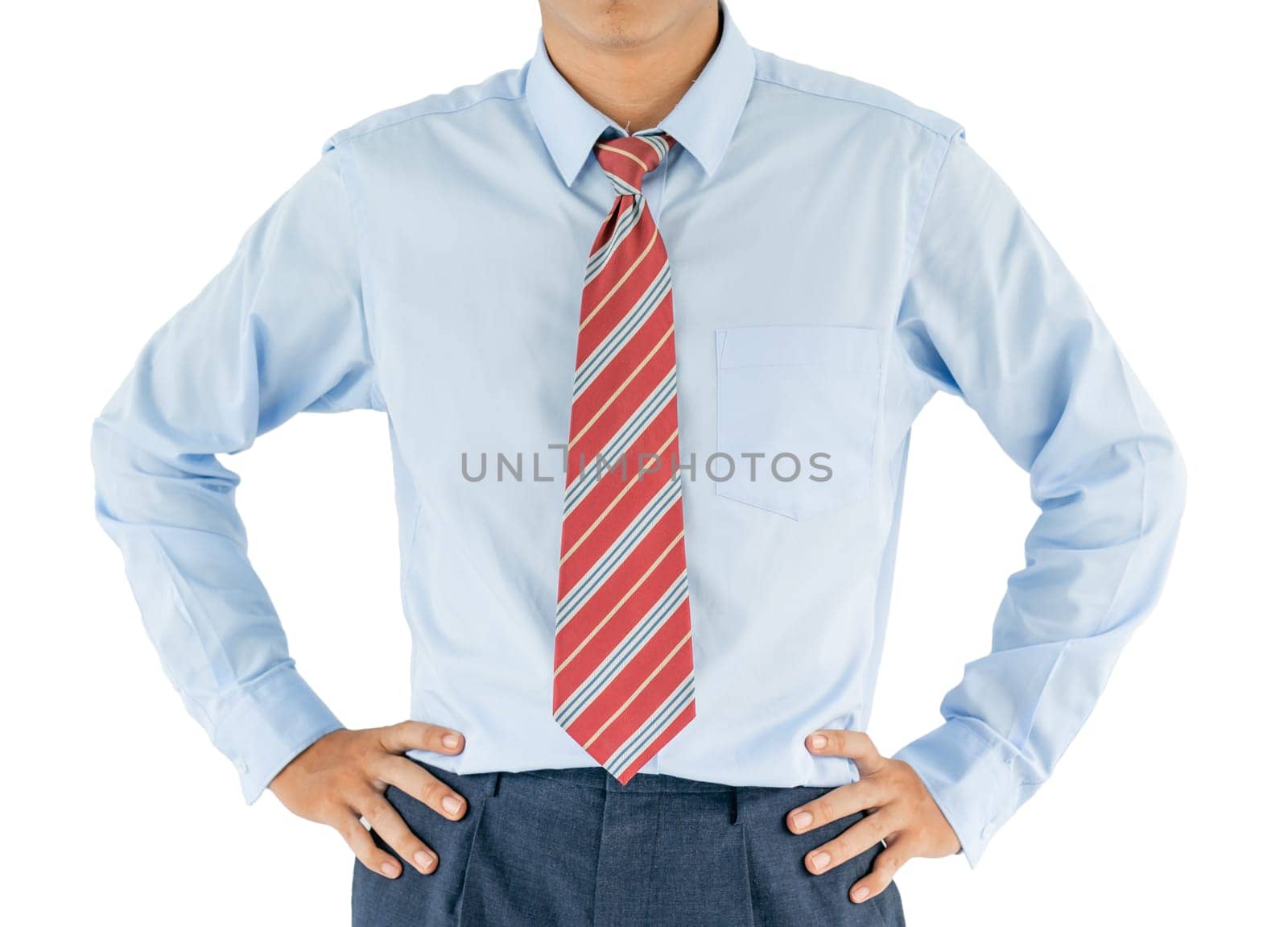 Man wear long sleeve shirt standing with akimbo studio shot isolated on white background