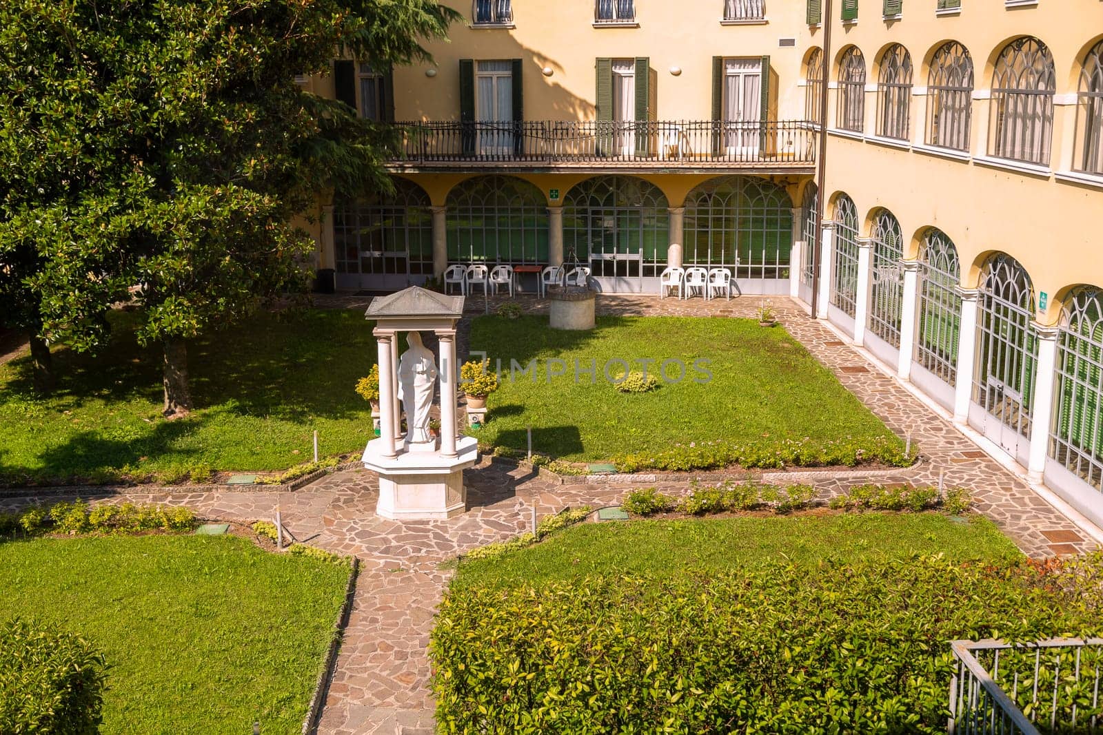 Ancient garden of a monastery in town of Brescia, Italy. Soft focus. from above.