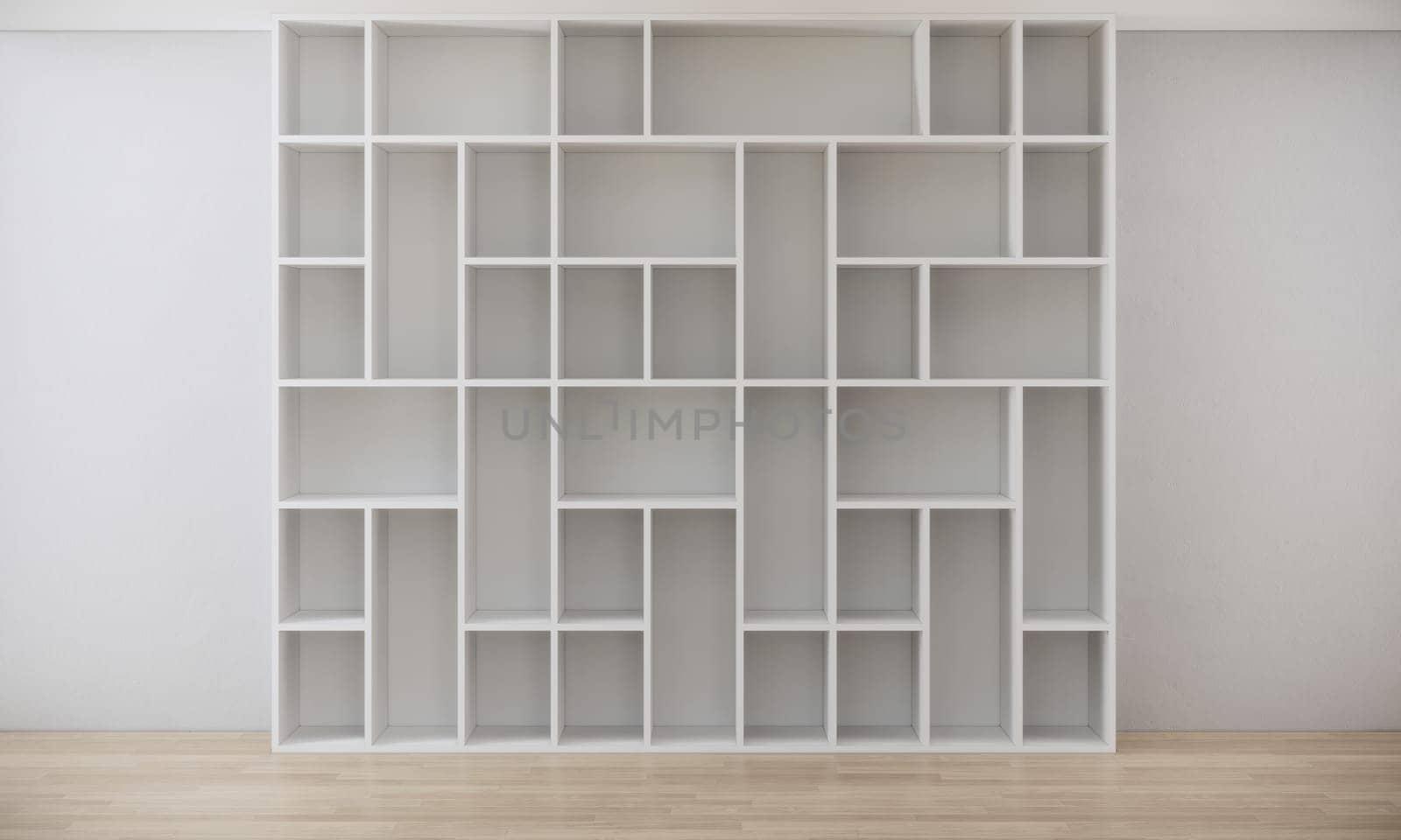 room interior with white shelves open cabinet on white wall and wooden floor, 3d rendering