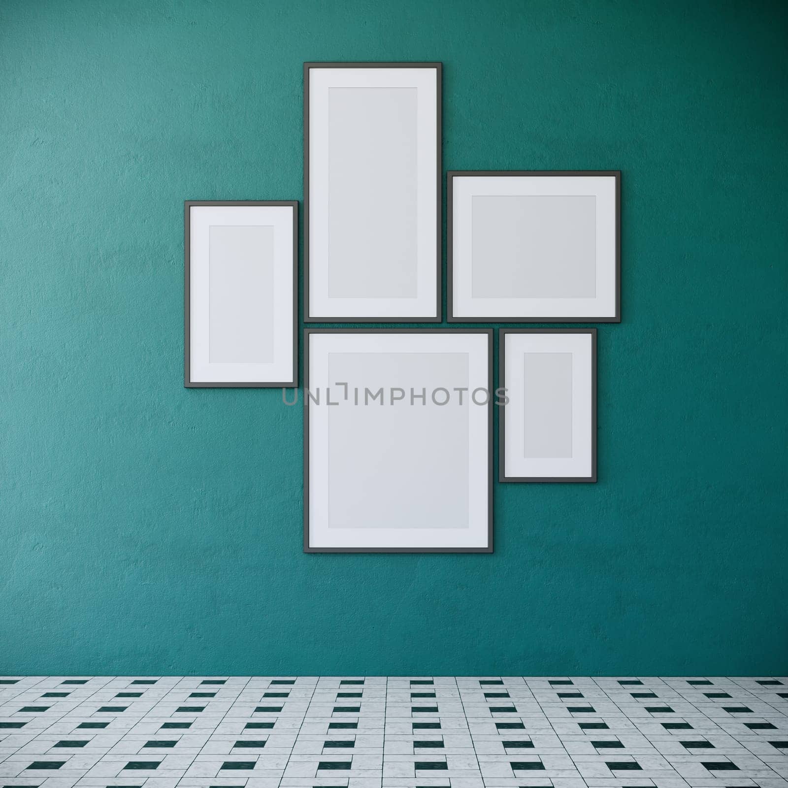 Blank picture frames mock up on green wall. retro room interior design, 3d rendering