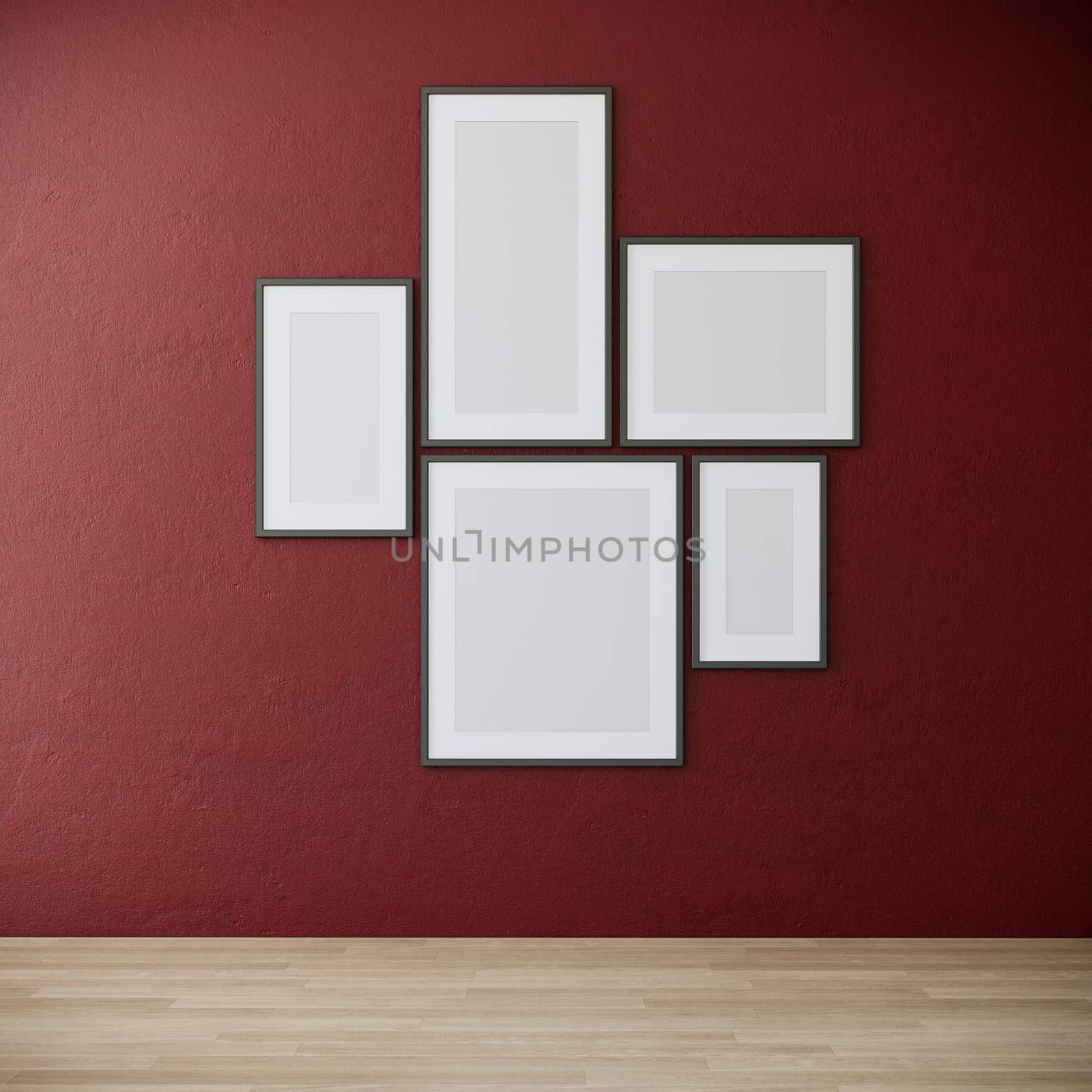 Blank picture frames mock up on red wall. room interior design, 3d rendering
