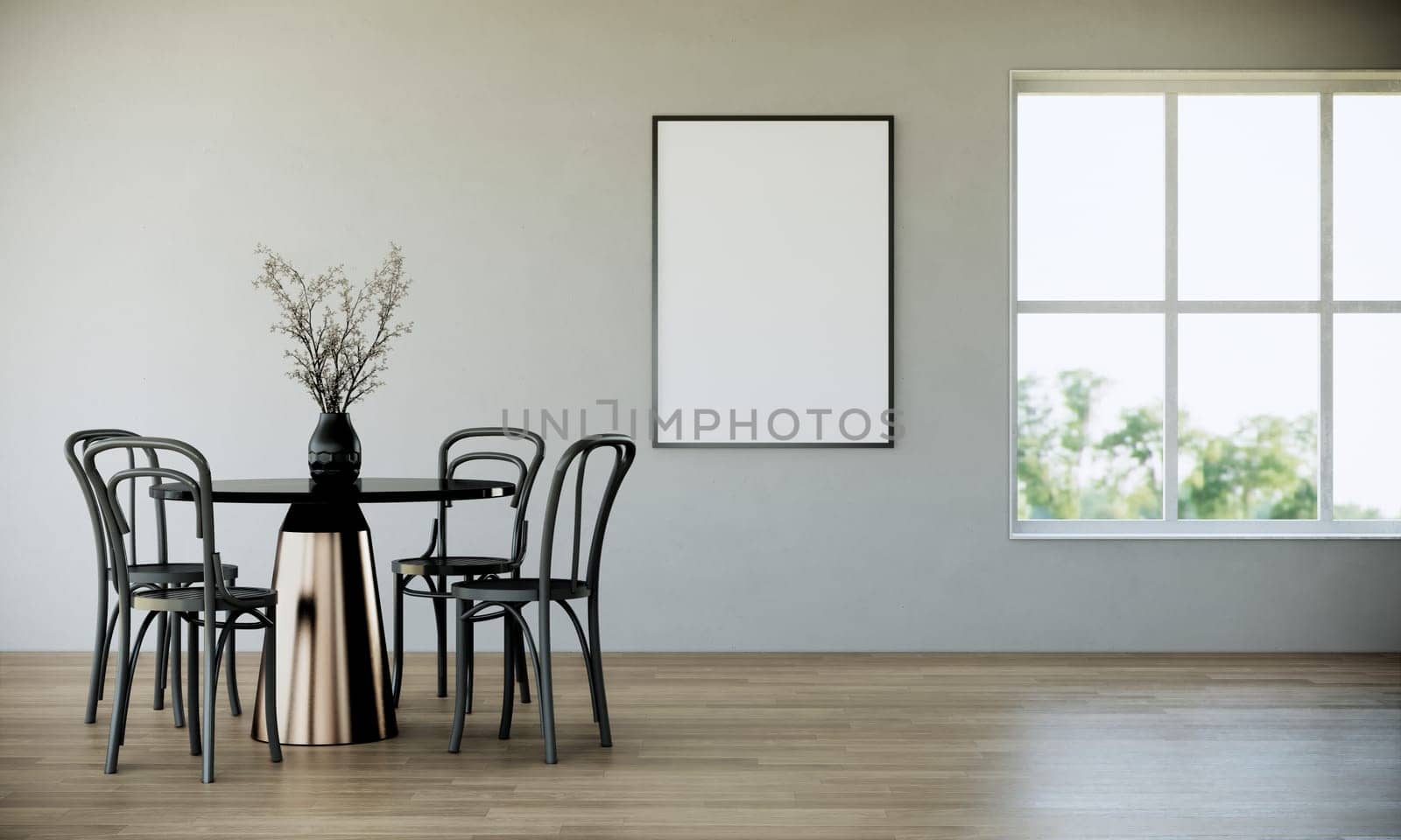 vertical picture frame mock up in modern dinning room interior design with black chairs, round dining table, window, wooden floor and white wall, 3d rendering