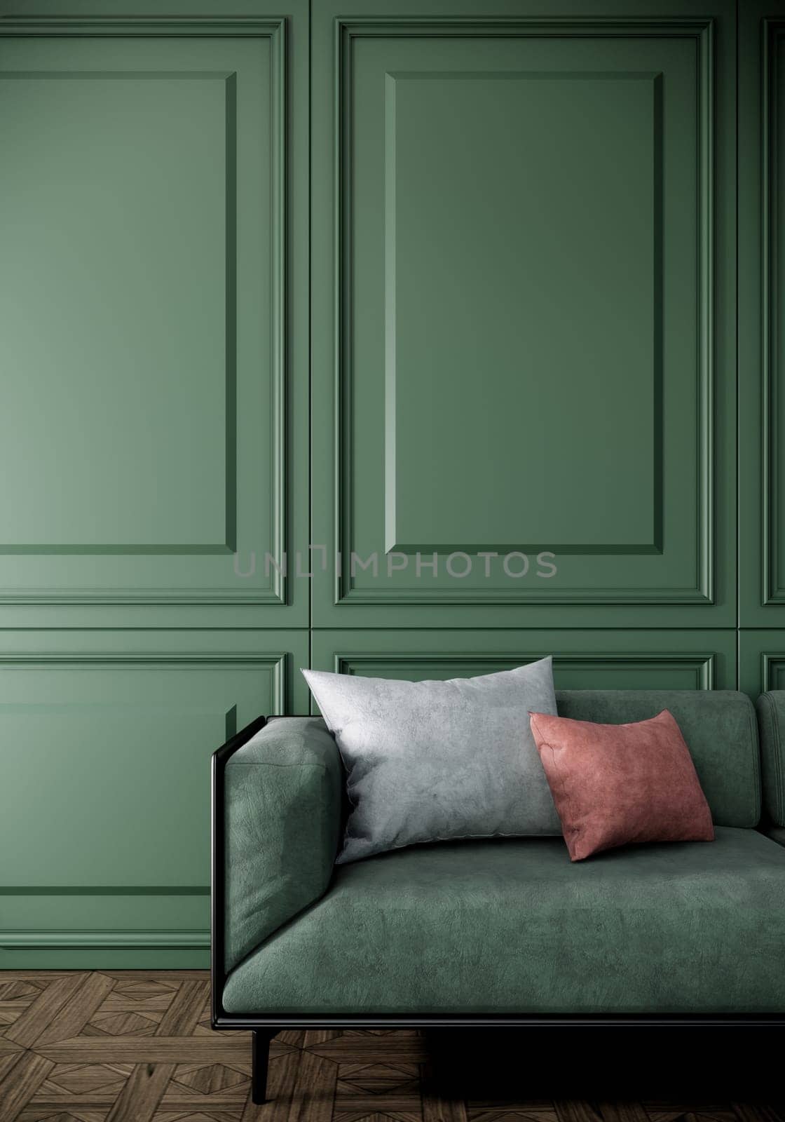 classic modern living room interior with green sofa, wooden floor and classic green wall, 3d rendering